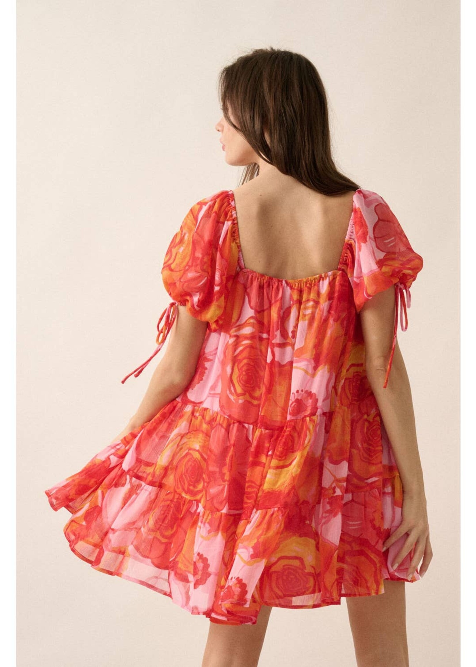 Promesa USA Floral Chiffon Puff-Sleeve Babydoll Mini Dress