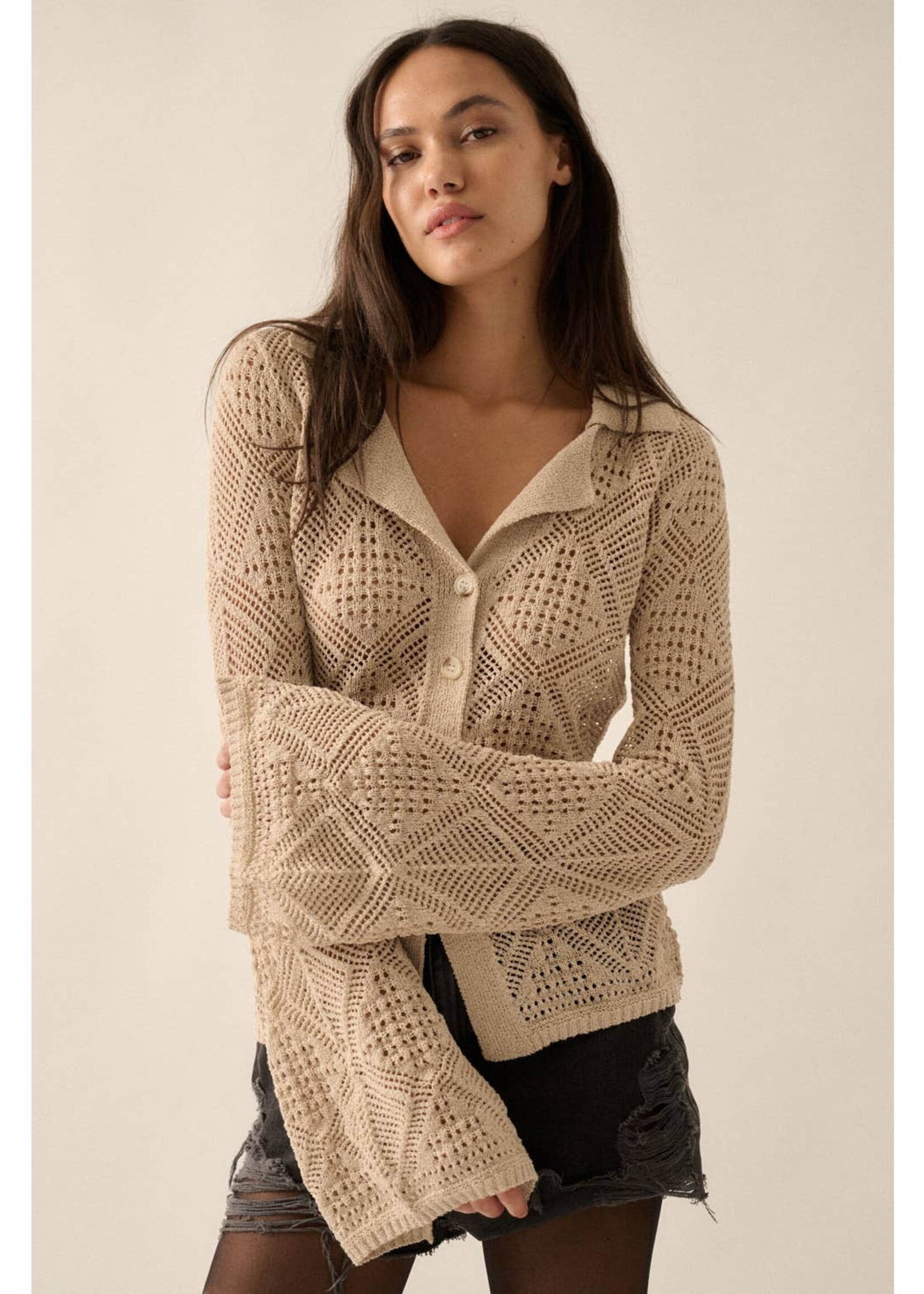 Promesa USA Geo Pointelle Bell-Sleeve Cardi