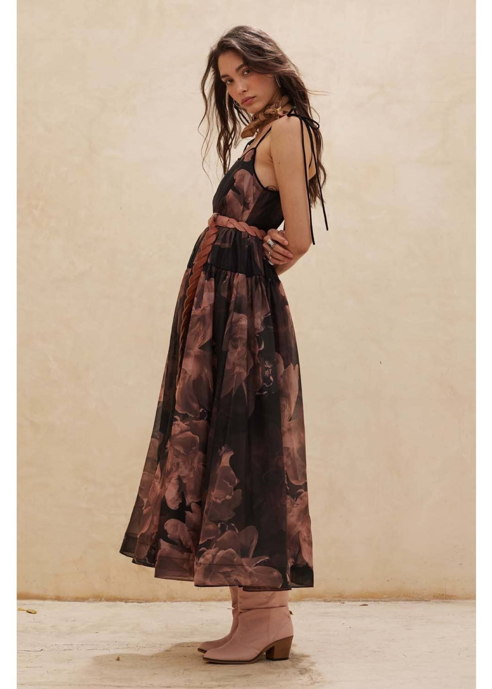 Promesa USA Floral Organza Tiered Ruffle Midi Dress