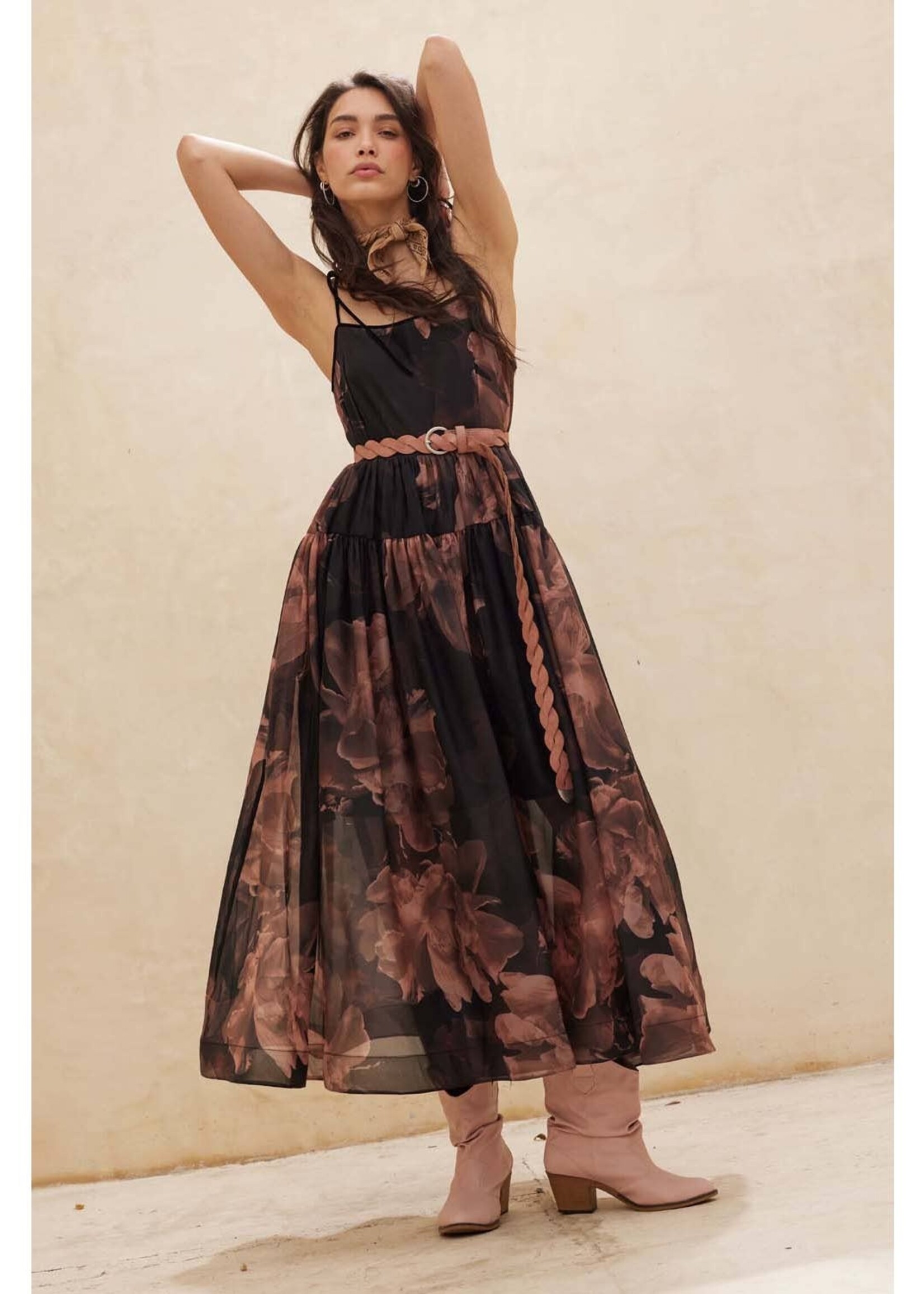 Promesa USA Floral Organza Tiered Ruffle Midi Dress
