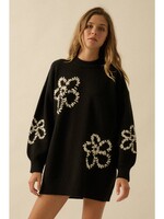 Promesa USA Floral Embroidered Mock-Neck Mini Sweater Dress