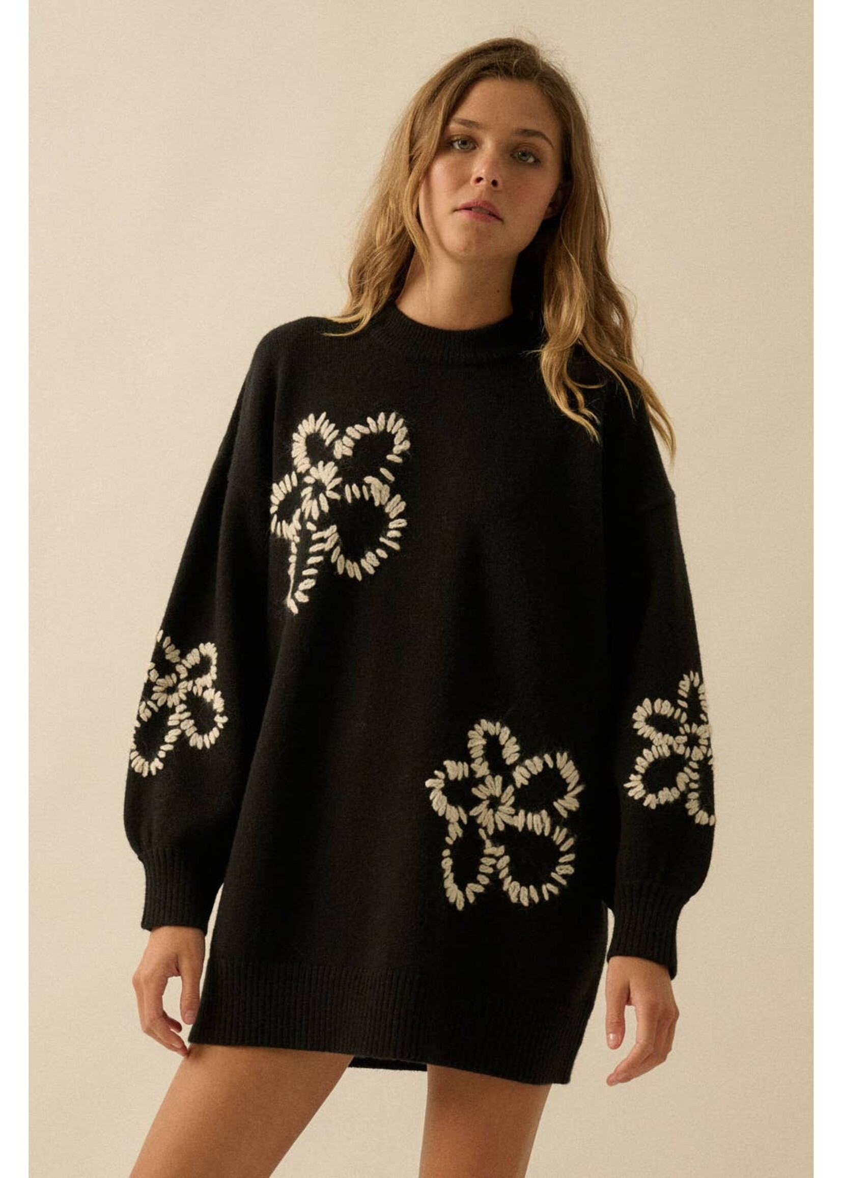 Promesa USA Floral Embroidered Mock-Neck Mini Sweater Dress