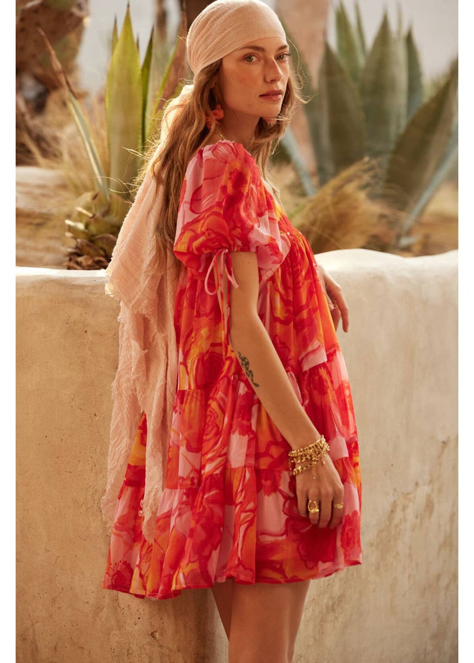 Promesa USA Floral Chiffon Puff-Sleeve Babydoll Mini Dress