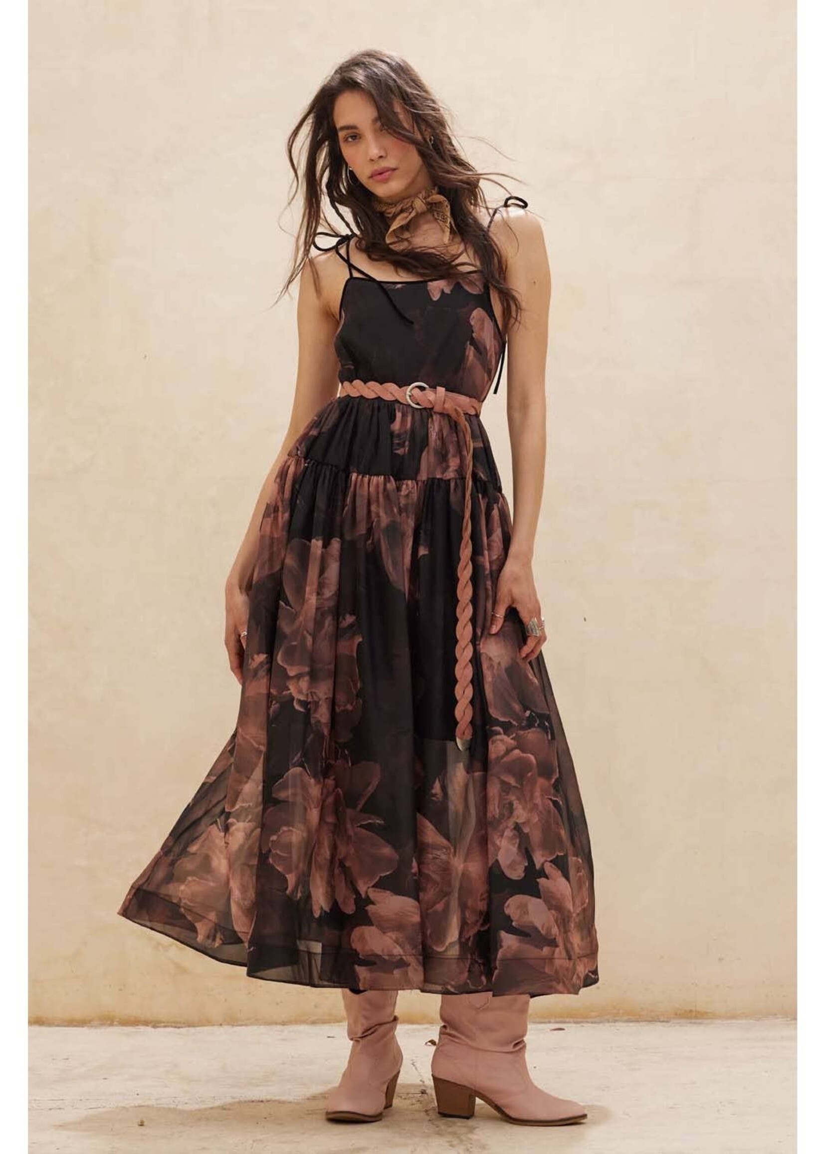 Promesa USA Floral Organza Tiered Ruffle Midi Dress