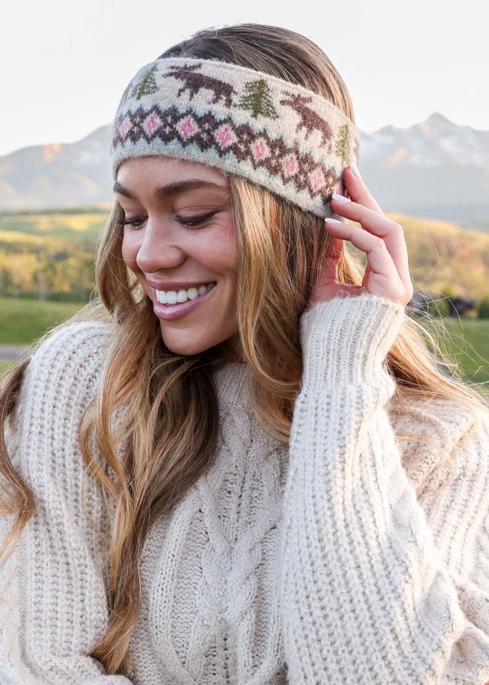 Intarsia Head Warmer Pnk Moose