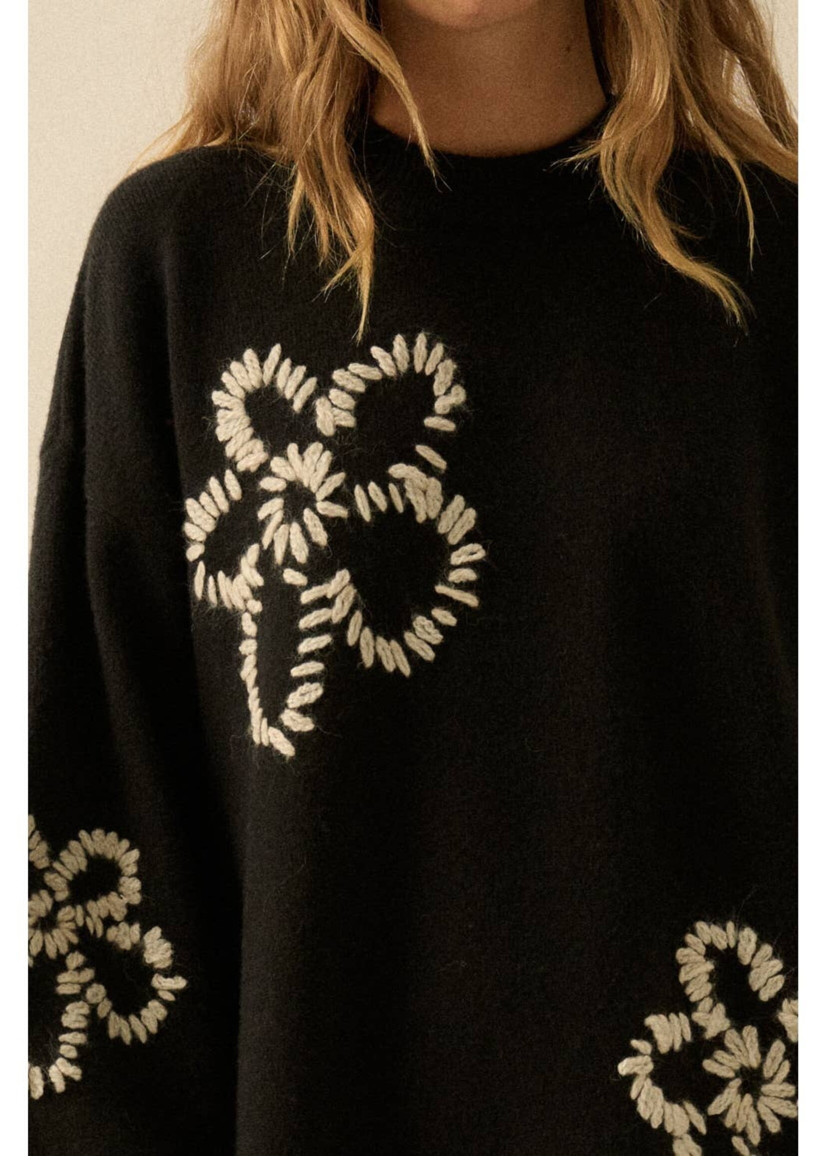 Promesa USA Floral Embroidered Mock-Neck Mini Sweater Dress