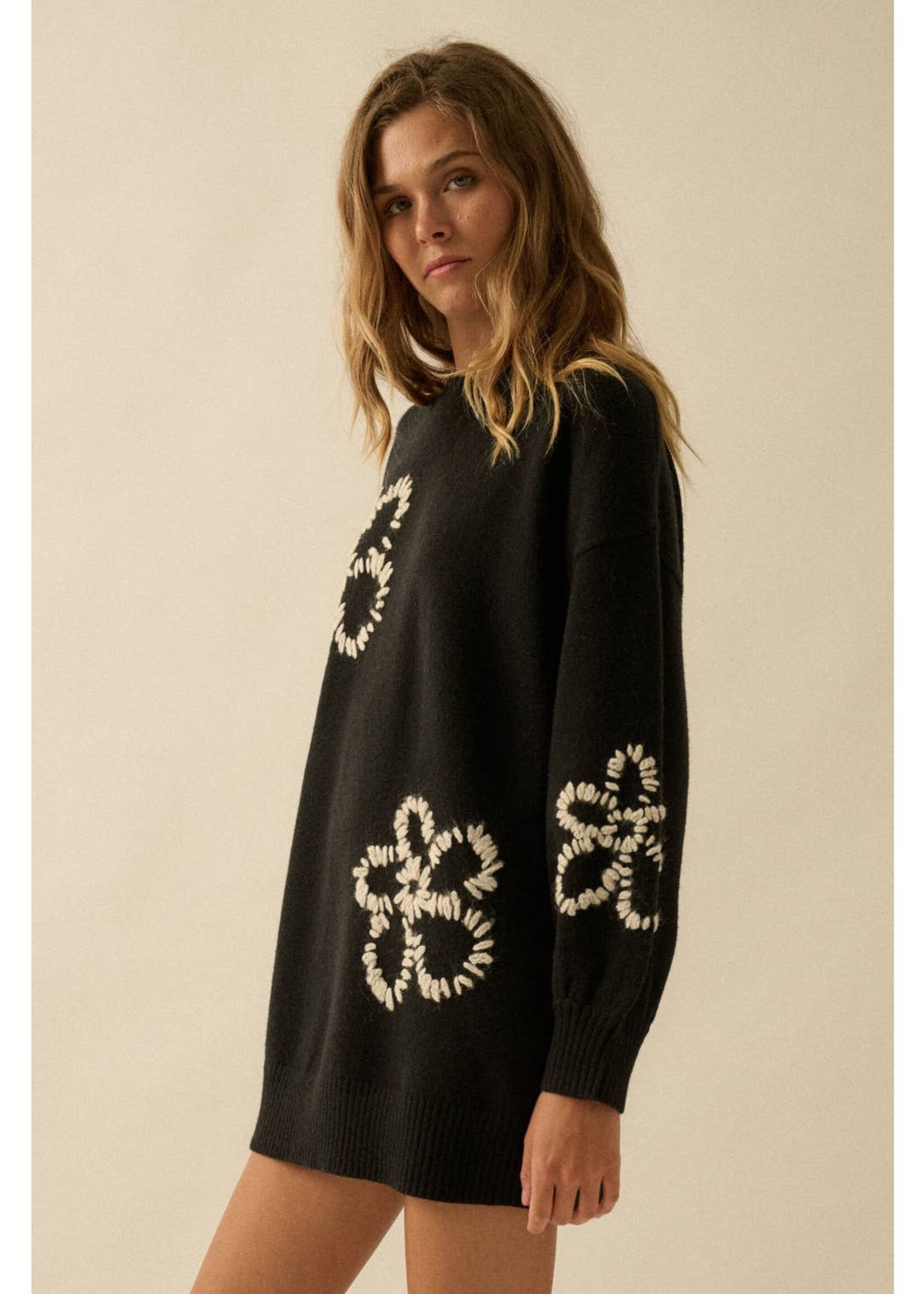 Promesa USA Floral Embroidered Mock-Neck Mini Sweater Dress