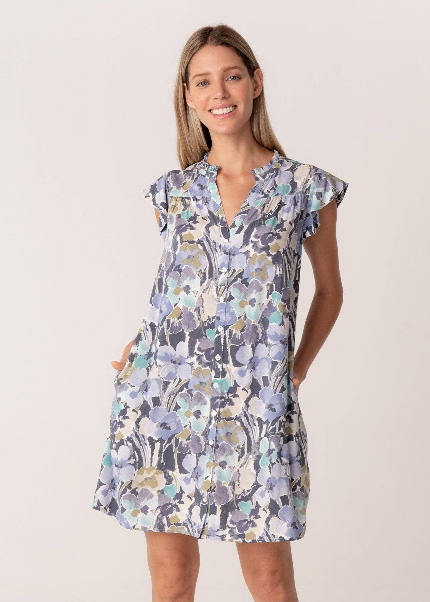 Floral Flutter Sleeve Button Down Mini Dress