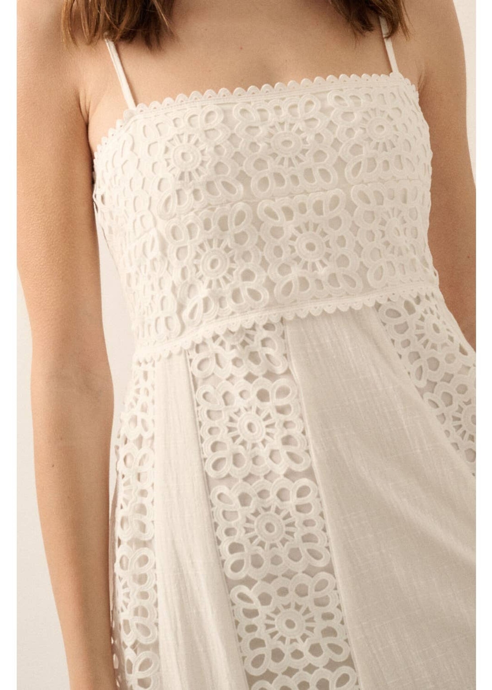 Promesa USA Crochet Lace and Crepe Paneled Maxi Dress
