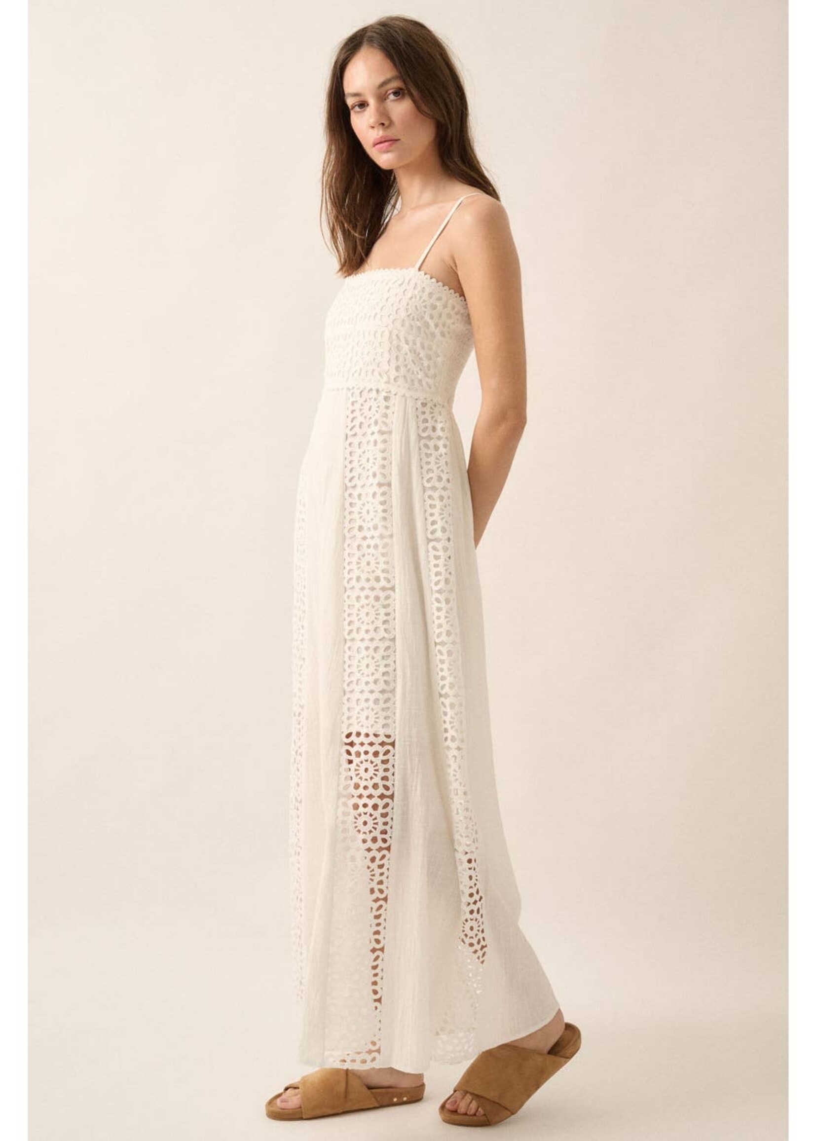 Promesa USA Crochet Lace and Crepe Paneled Maxi Dress