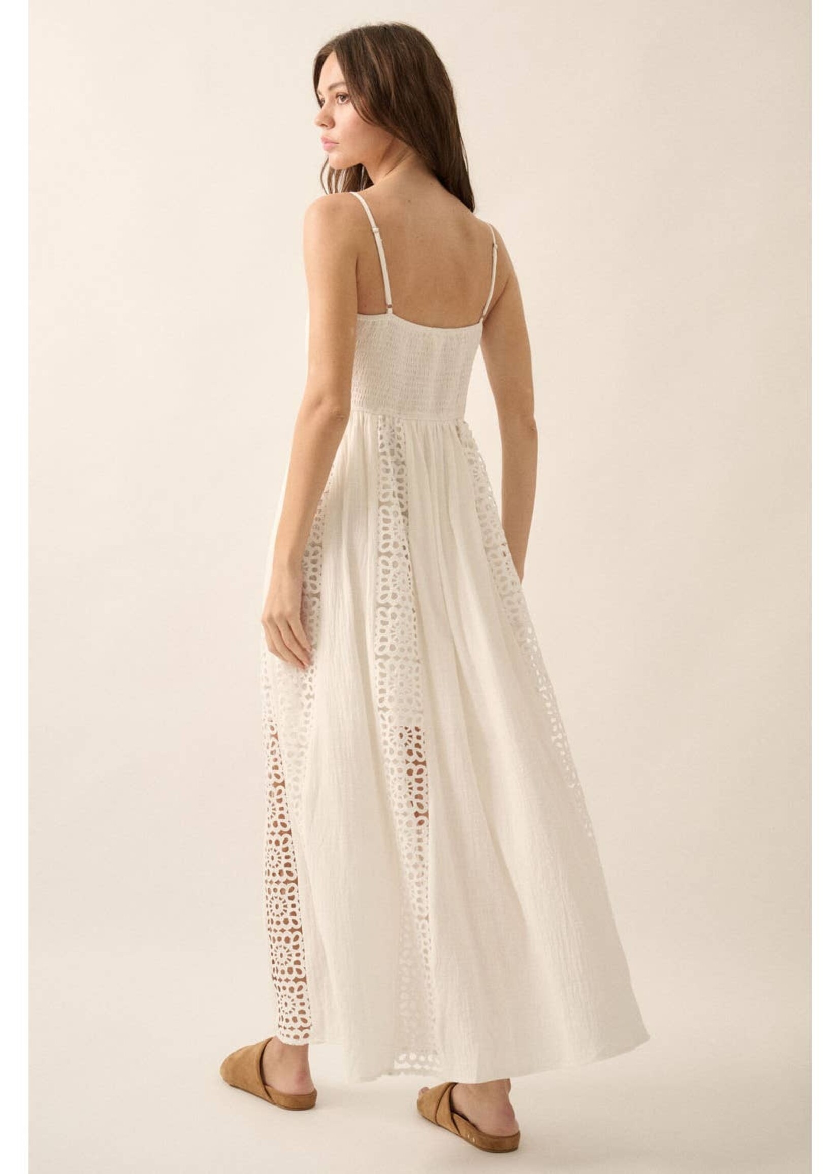 Promesa USA Crochet Lace and Crepe Paneled Maxi Dress