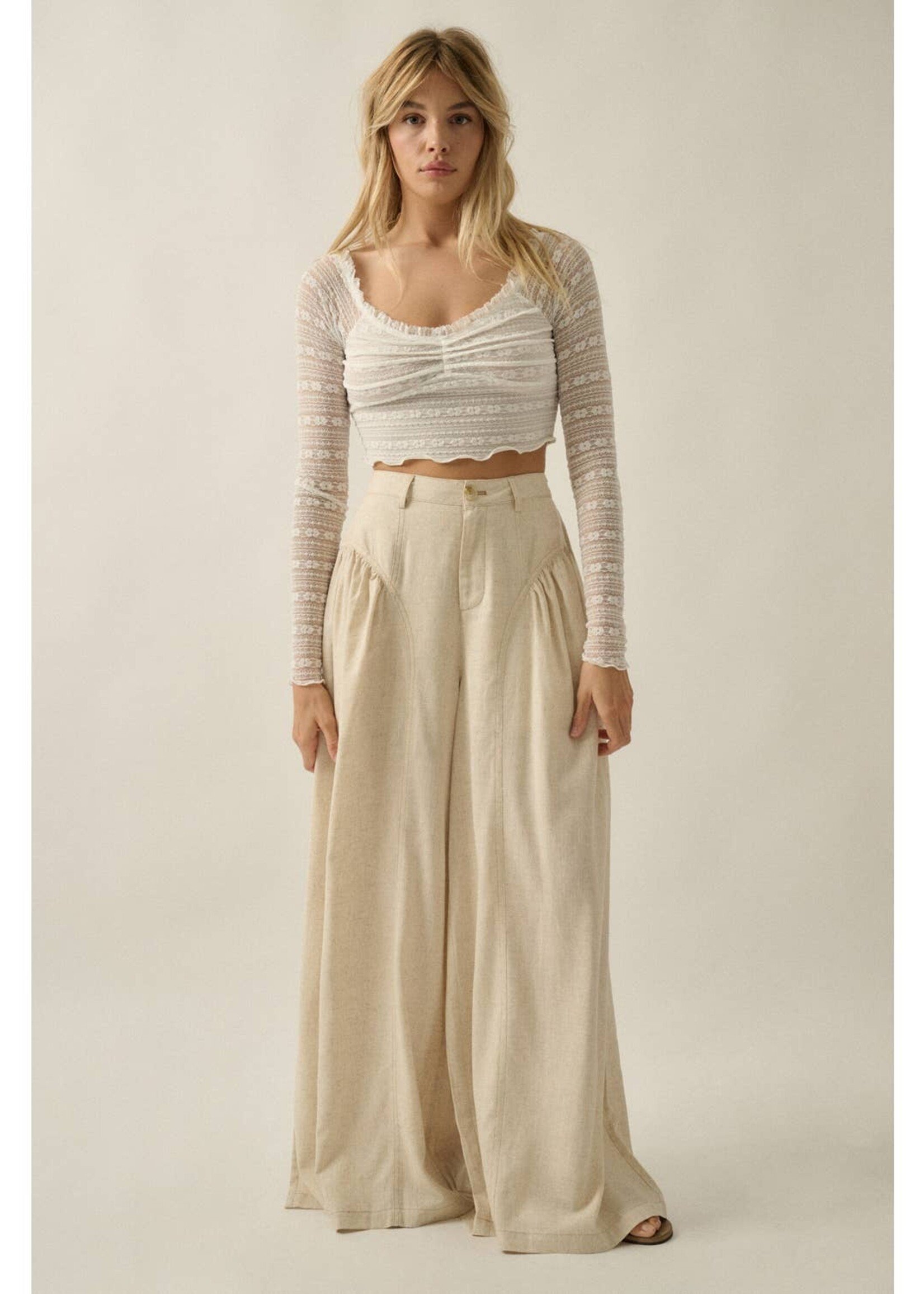 Promesa USA Linen-Blend High-Waist Gathered Wide-Leg Pocket Pants