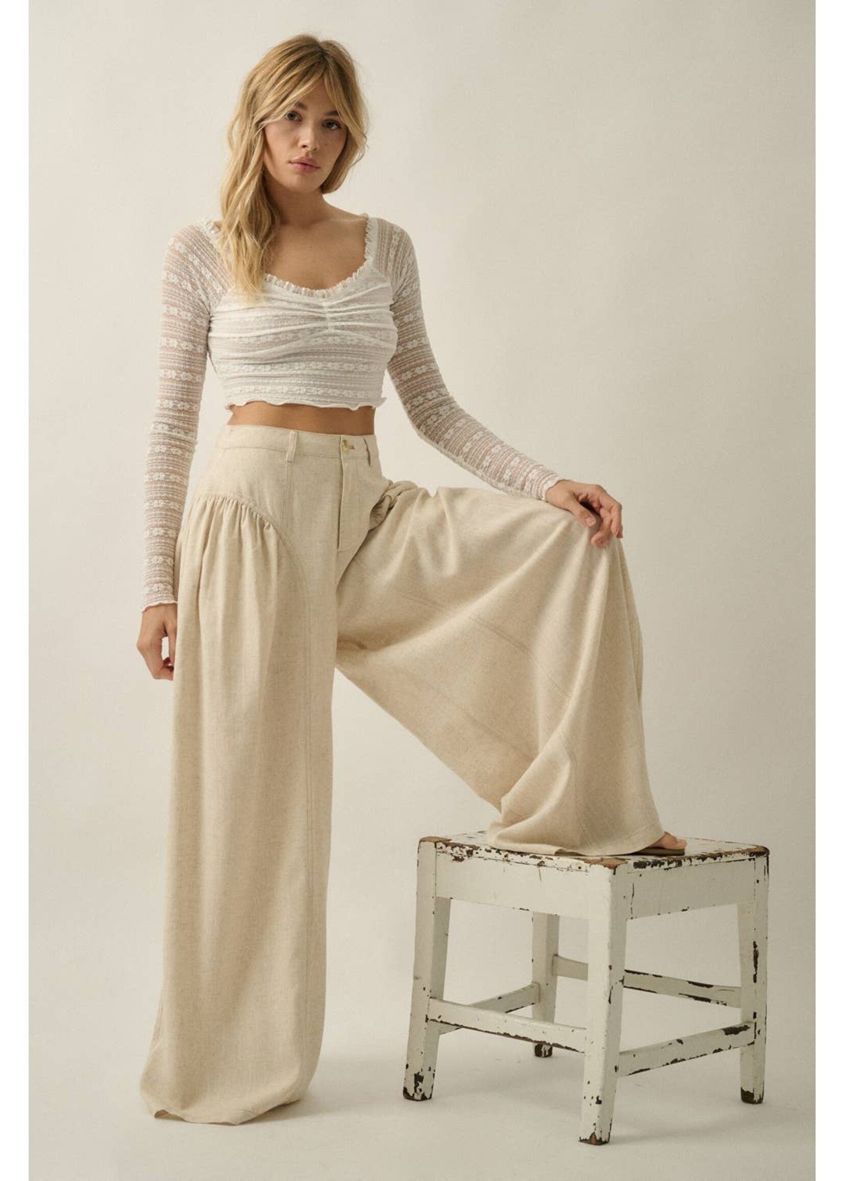 Promesa USA Linen-Blend High-Waist Gathered Wide-Leg Pocket Pants