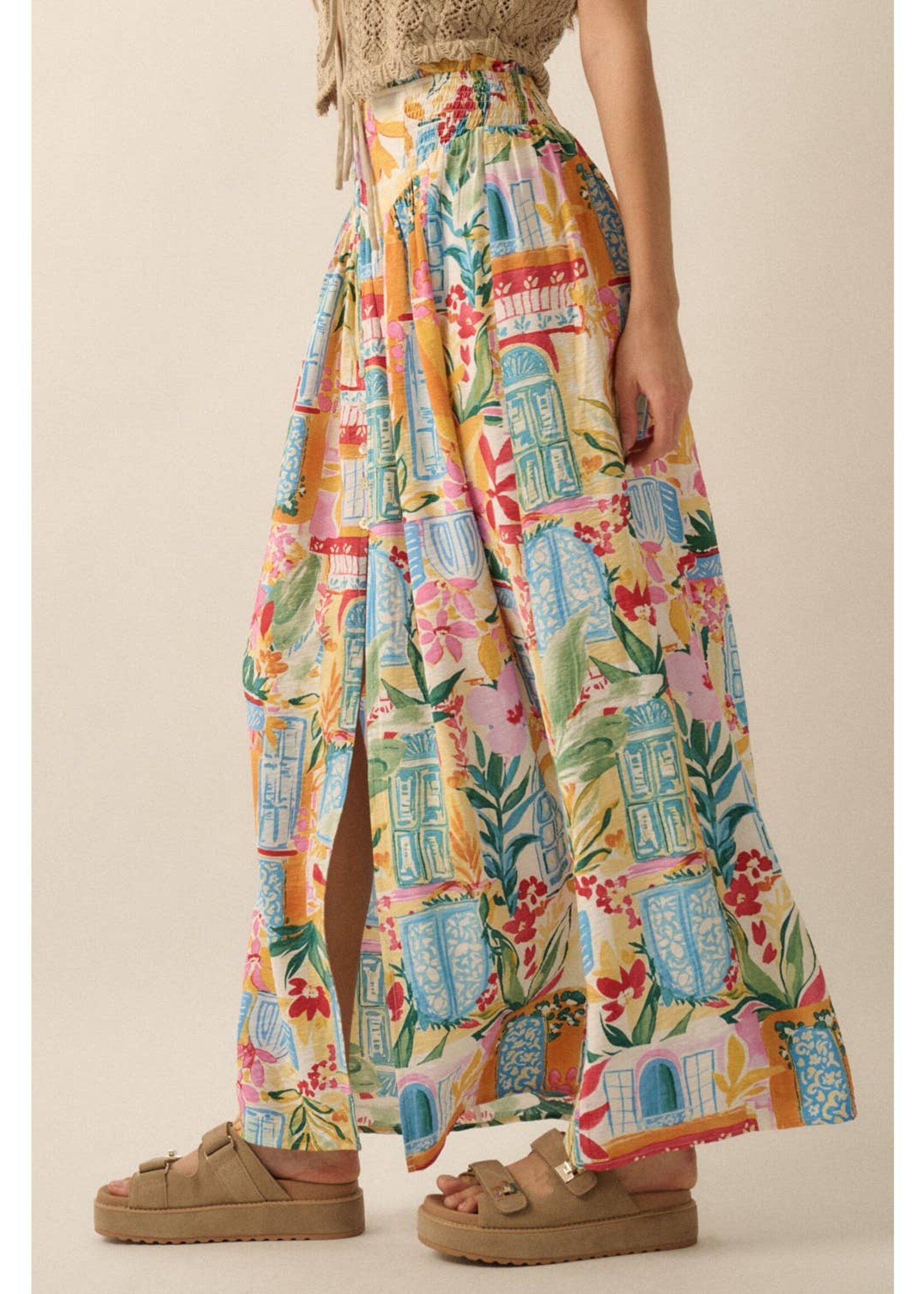 Promesa USA Multicolor Floral Yoke-Waist Buttoned Maxi Skirt