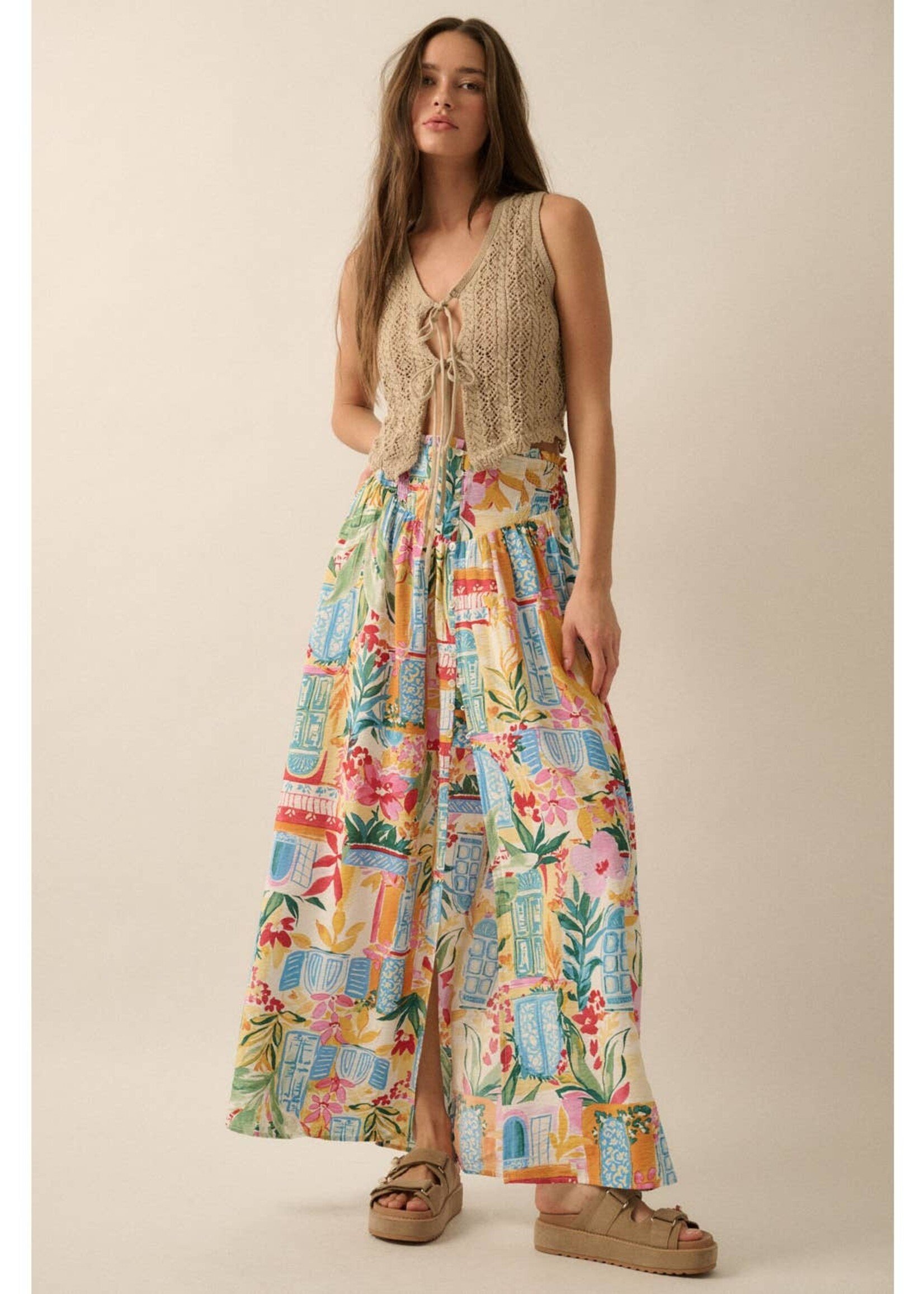 Promesa USA Multicolor Floral Yoke-Waist Buttoned Maxi Skirt