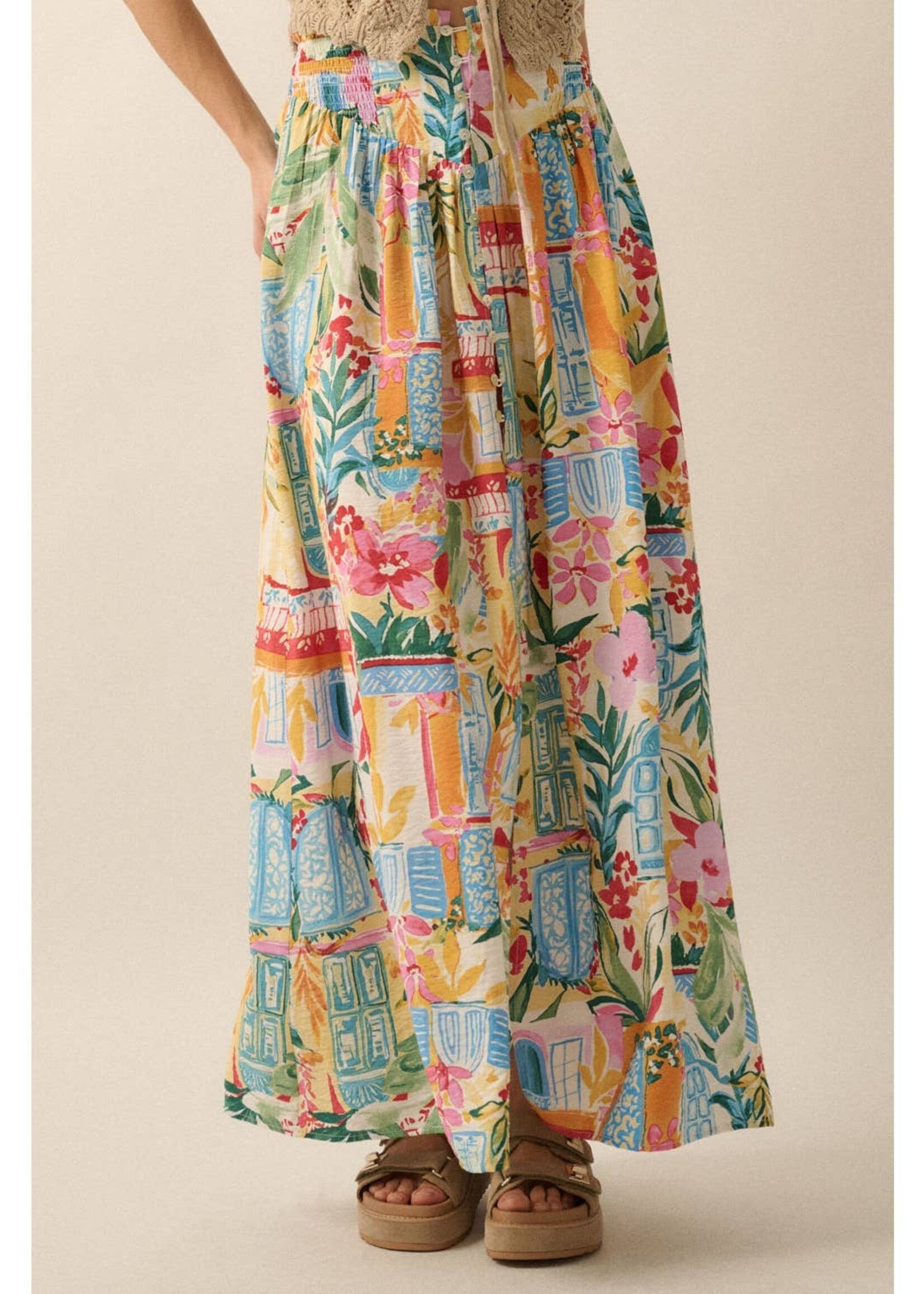 Promesa USA Multicolor Floral Yoke-Waist Buttoned Maxi Skirt