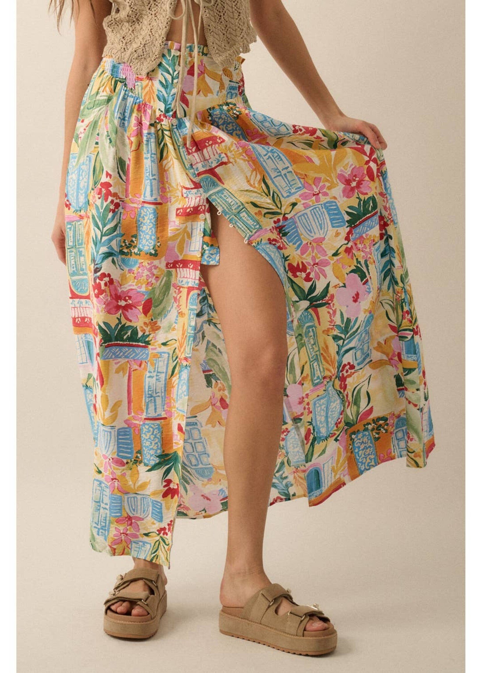 Promesa USA Multicolor Floral Yoke-Waist Buttoned Maxi Skirt
