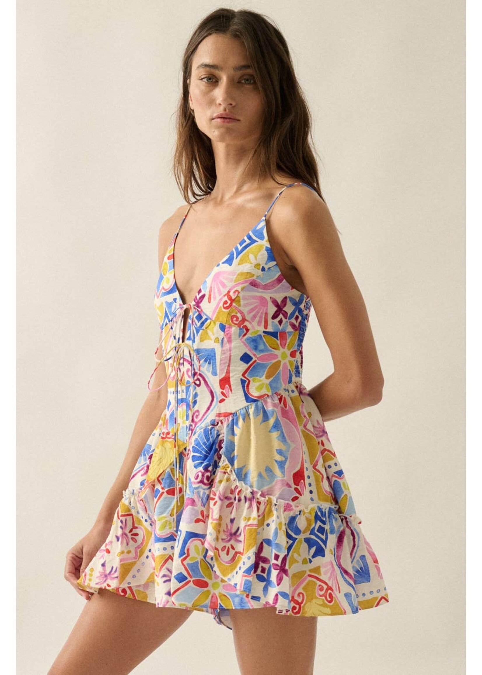 Promesa USA Tropical Floral-Print Ruffled Tie-Front Cami Romper