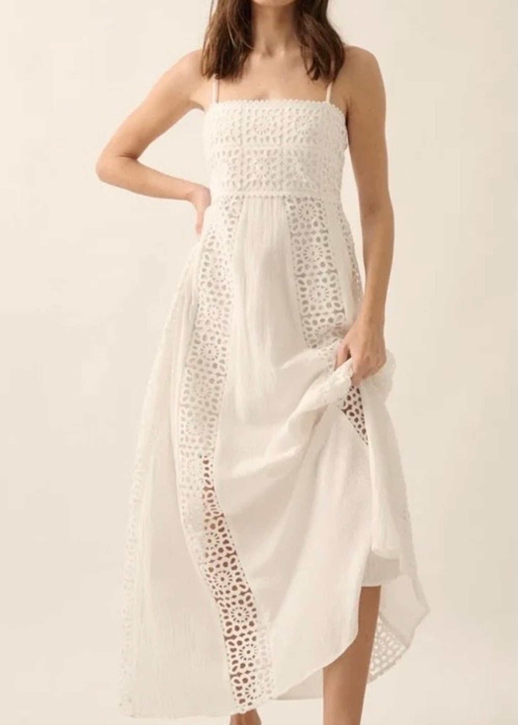 Promesa USA Crochet Lace and Crepe Paneled Maxi Dress