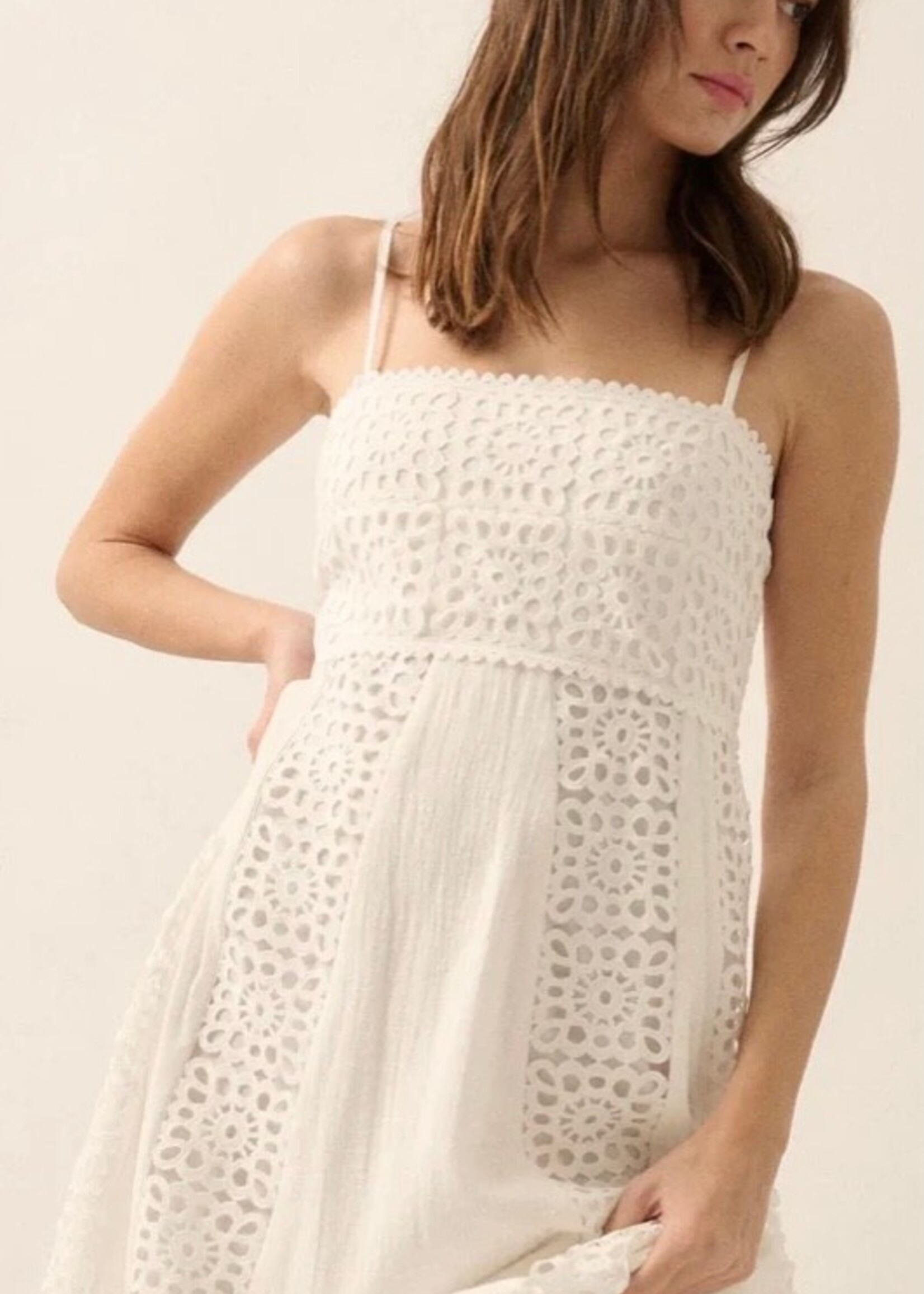 Promesa USA Crochet Lace and Crepe Paneled Maxi Dress