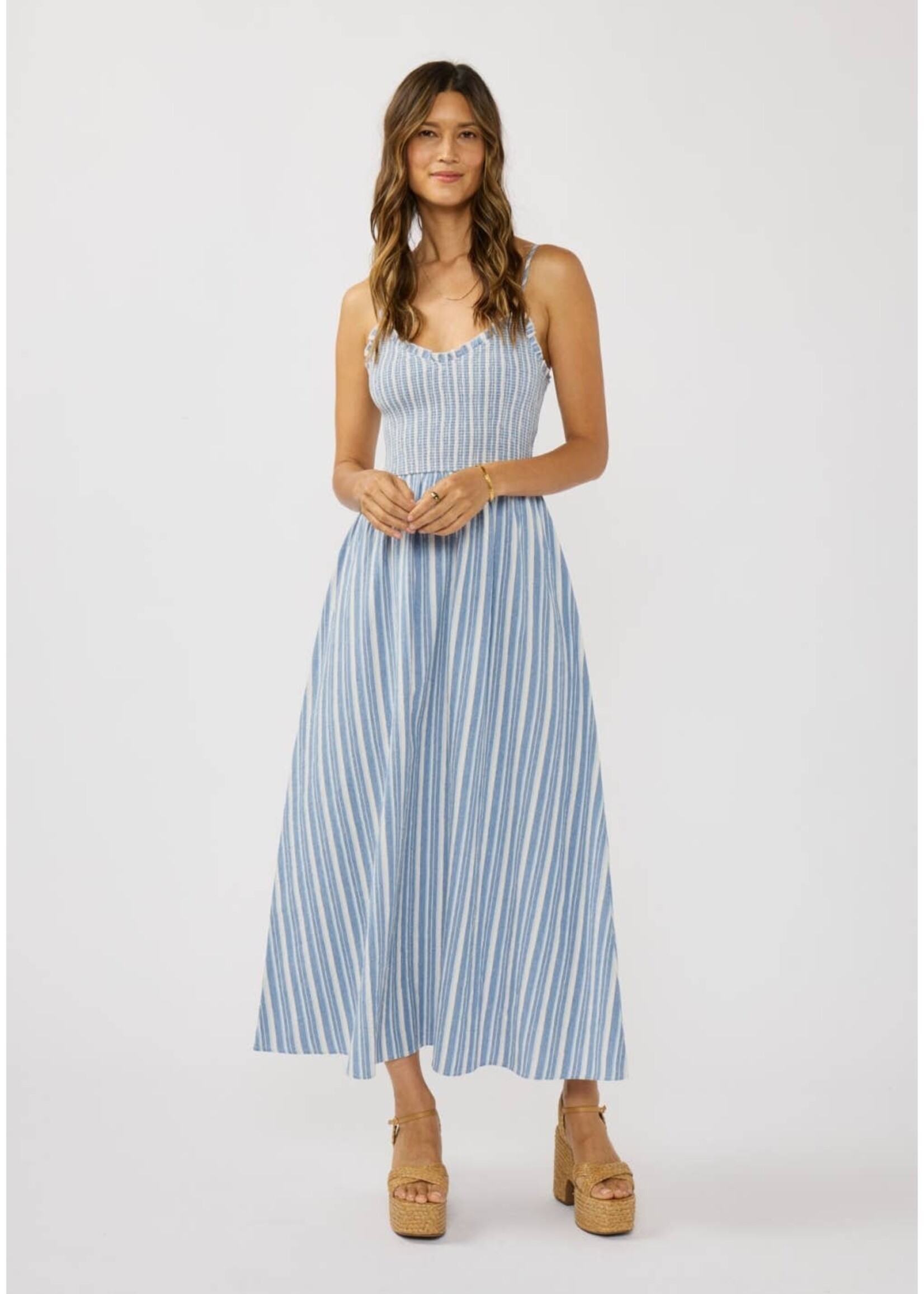 Striped Smocked Bodice Midi Dress