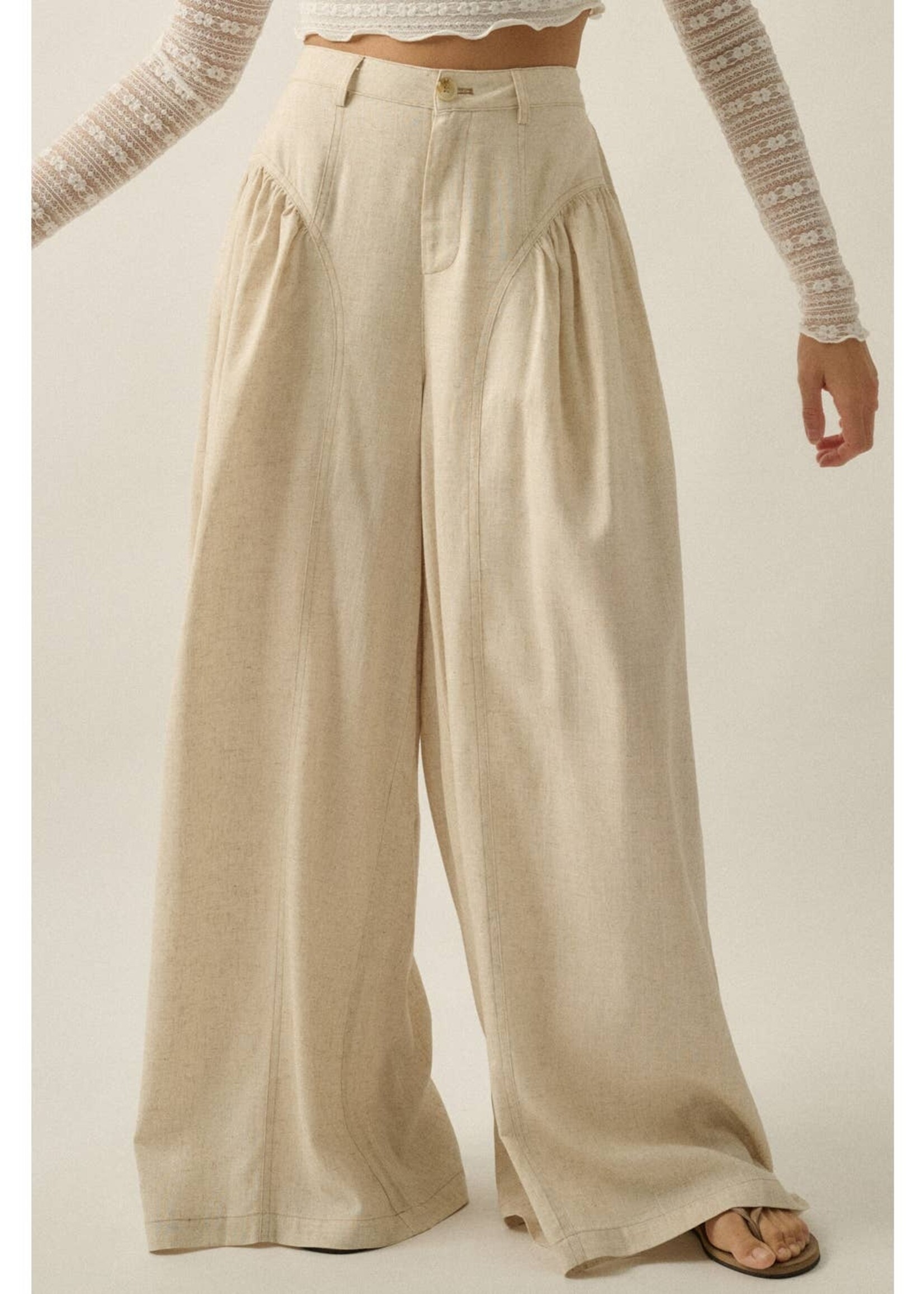 Promesa USA Linen-Blend High-Waist Gathered Wide-Leg Pocket Pants