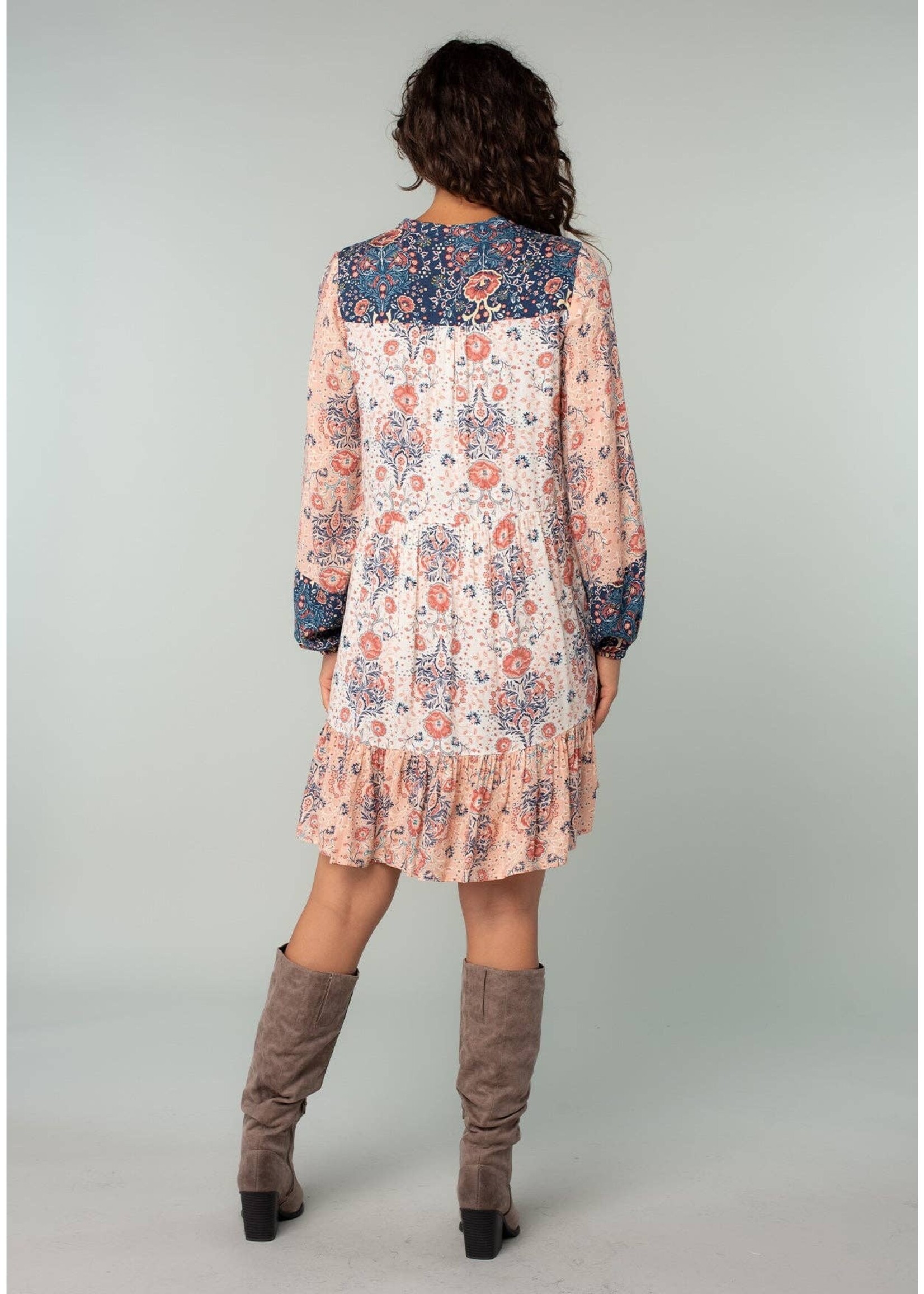 Floral Patchwork Long Sleeve Ruffled Mini Dress