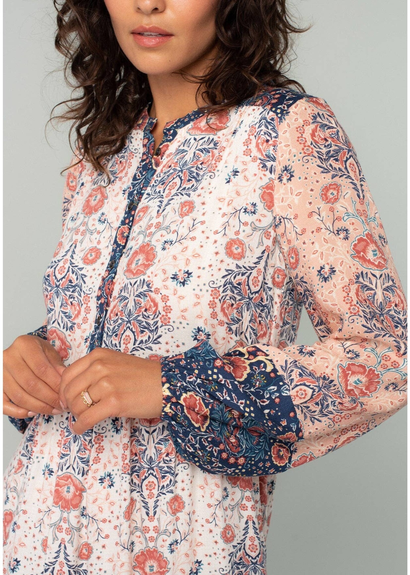 Floral Patchwork Long Sleeve Ruffled Mini Dress