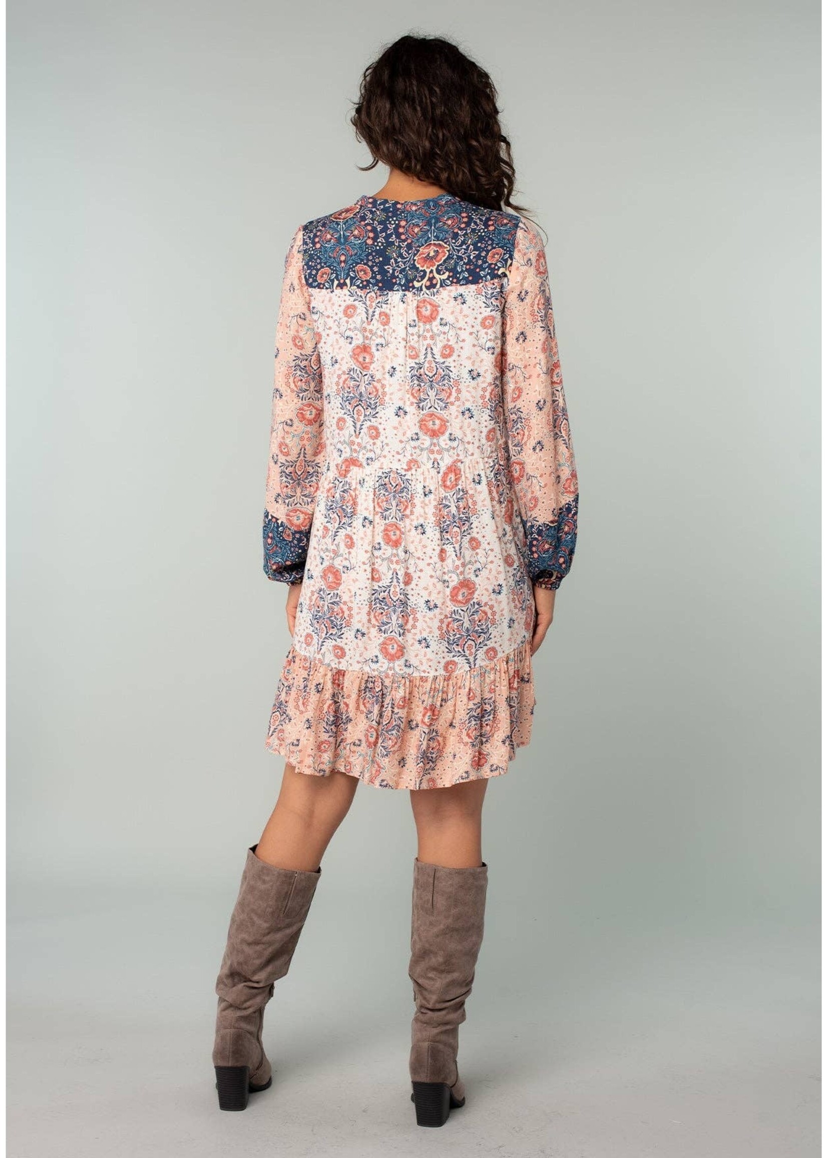 Floral Patchwork Long Sleeve Ruffled Mini Dress