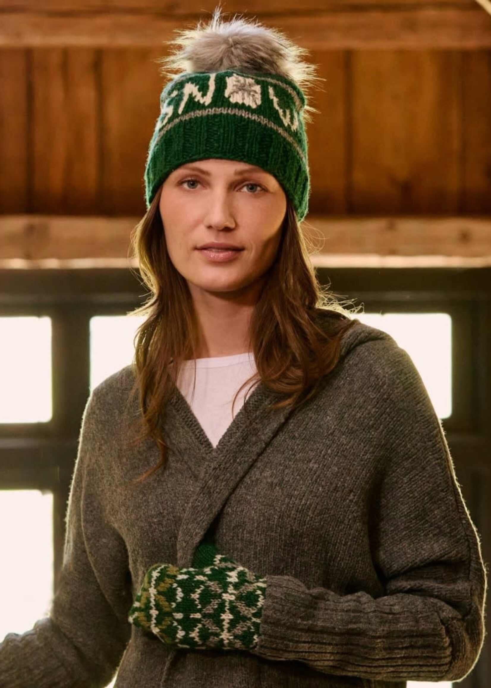 By Many Hands Beanie Snow Evergreen Pom