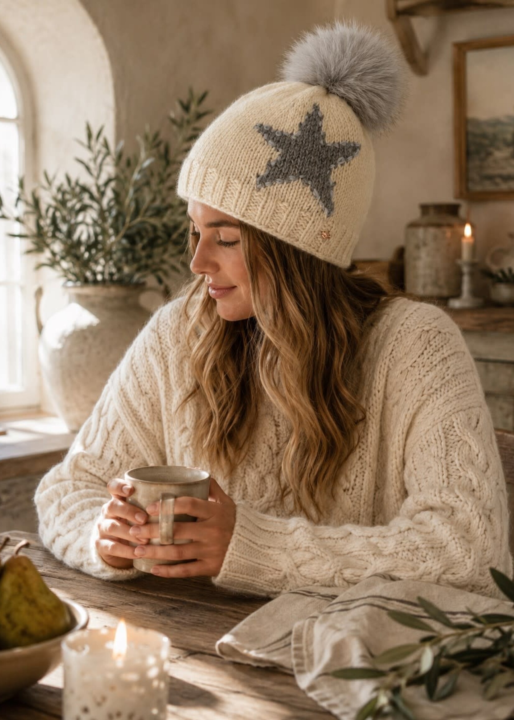 By Many Hands Beanie Star Ecru Pom