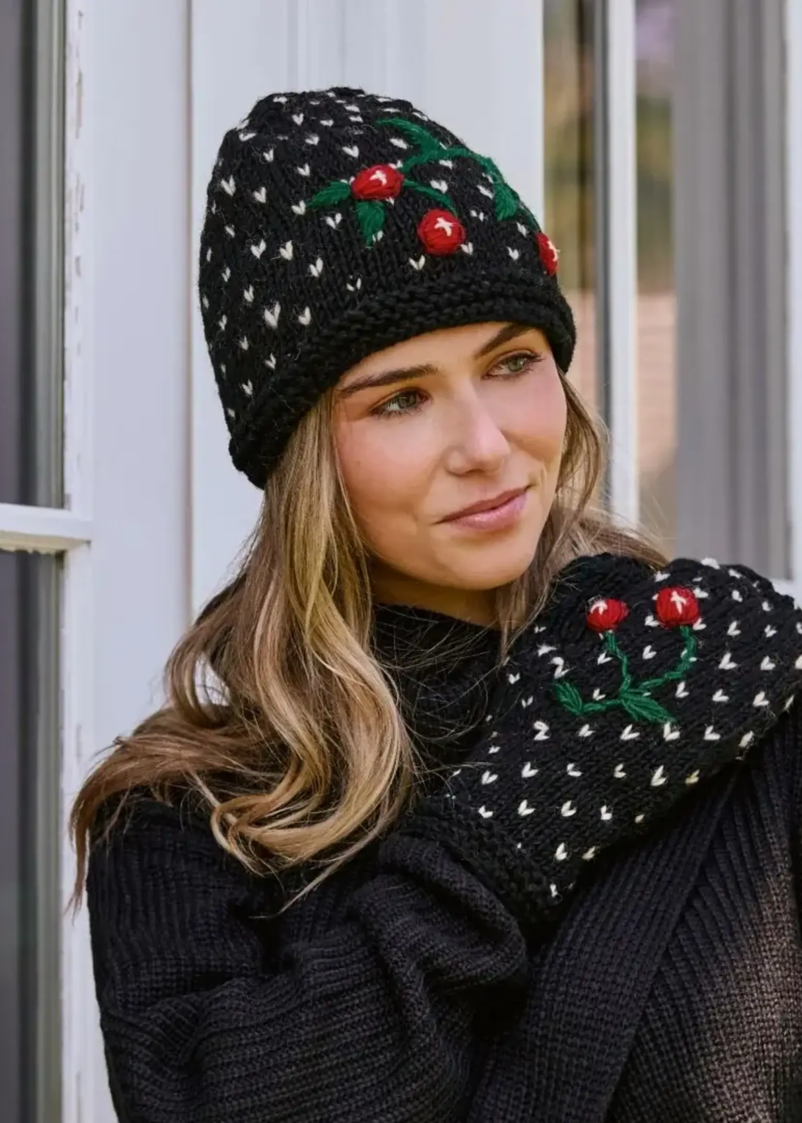 By Many Hands Cherries Embroidered Knit Beanie - Black
