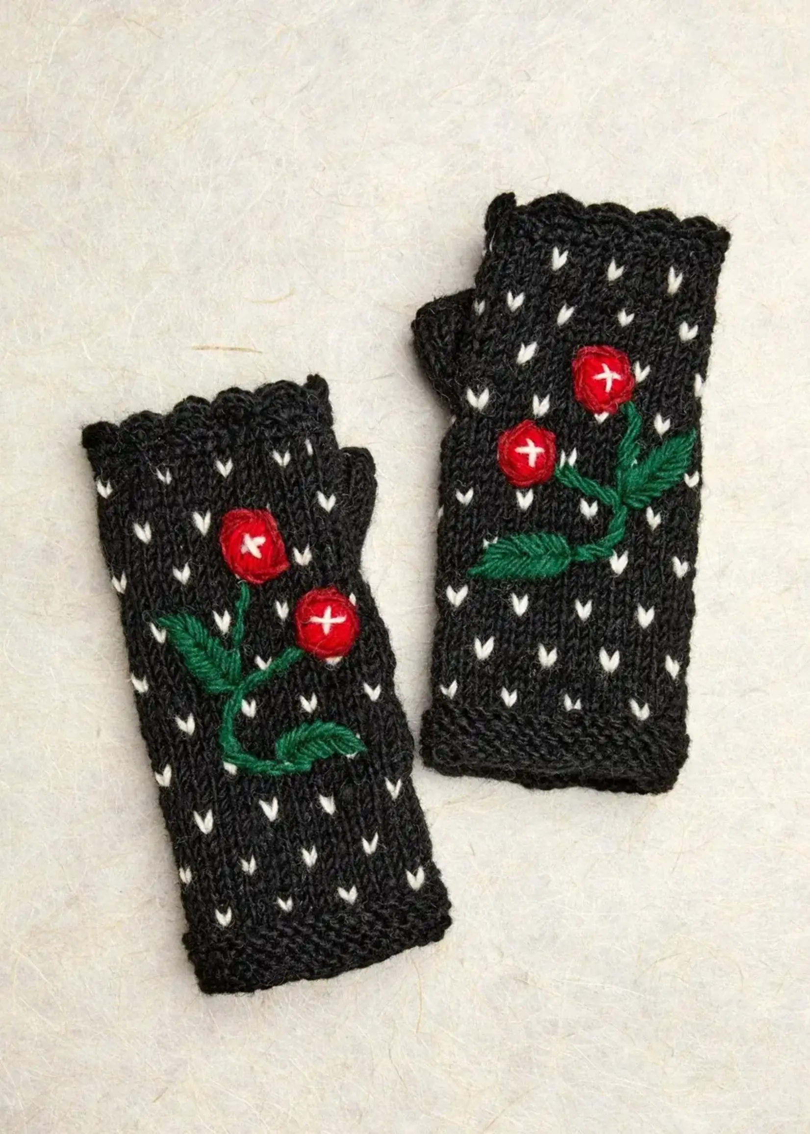 By Many Hands Cherries Embroidered Knit Fingerless Gloves - Black