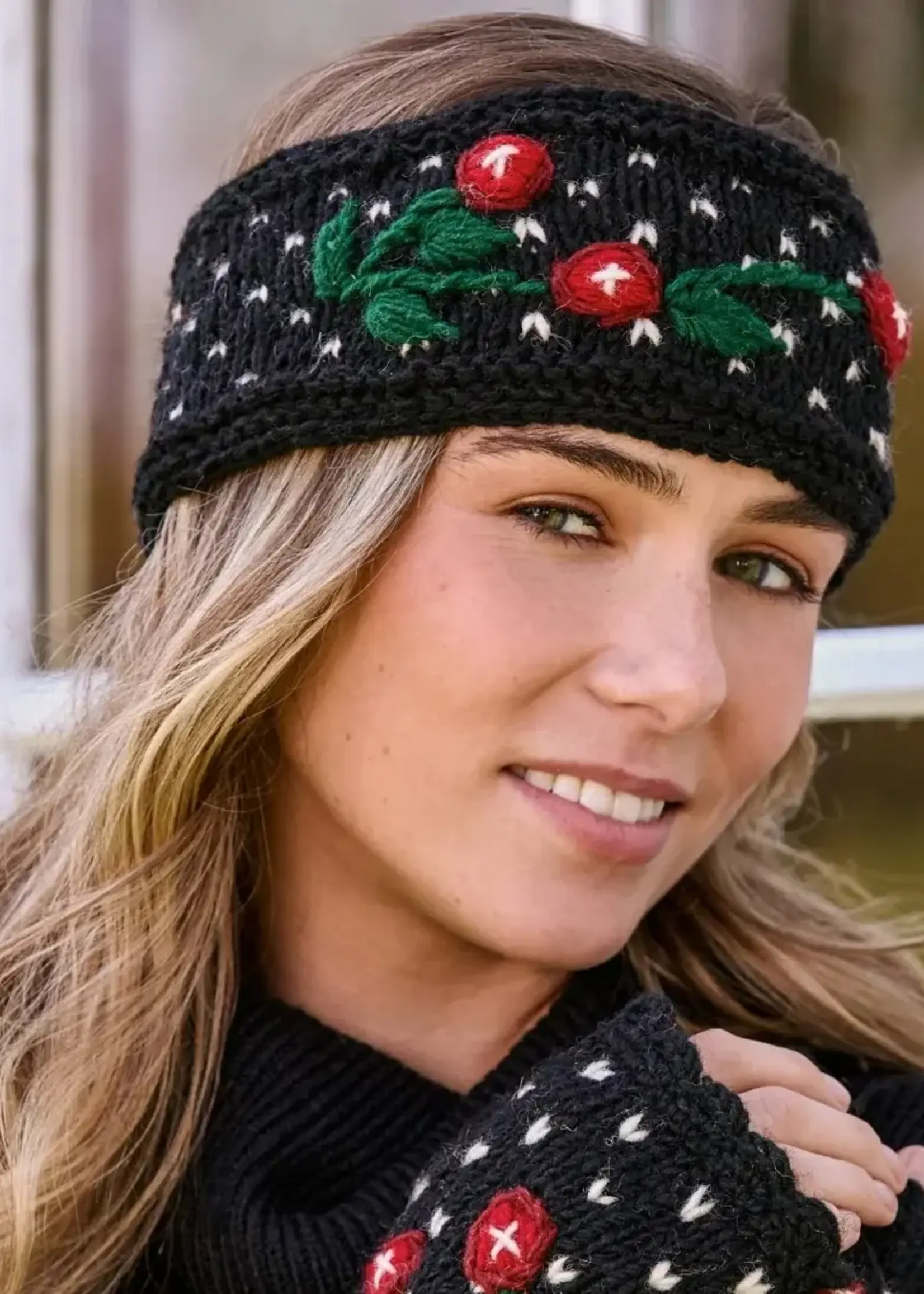 By Many Hands Cherries Embroidered Knit Headband - Black