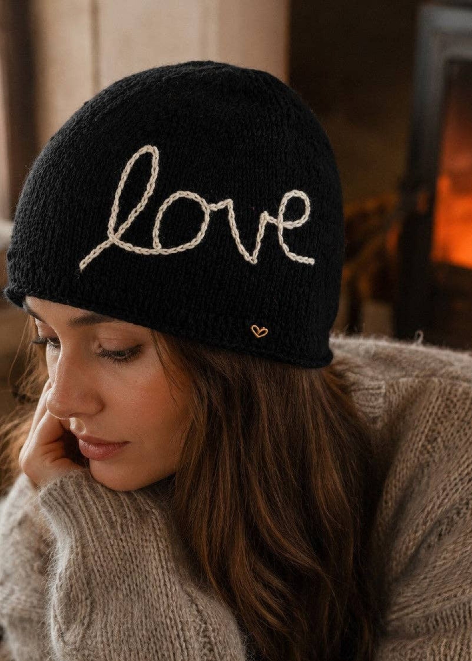 By Many Hands Love Embroidered Knit Beanie - Noir