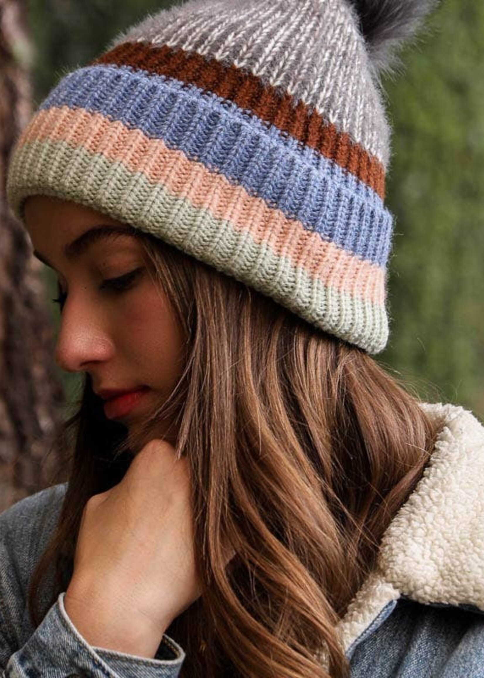 Leto Accessories Knit Pom Beanie Multi Pastel Stripe