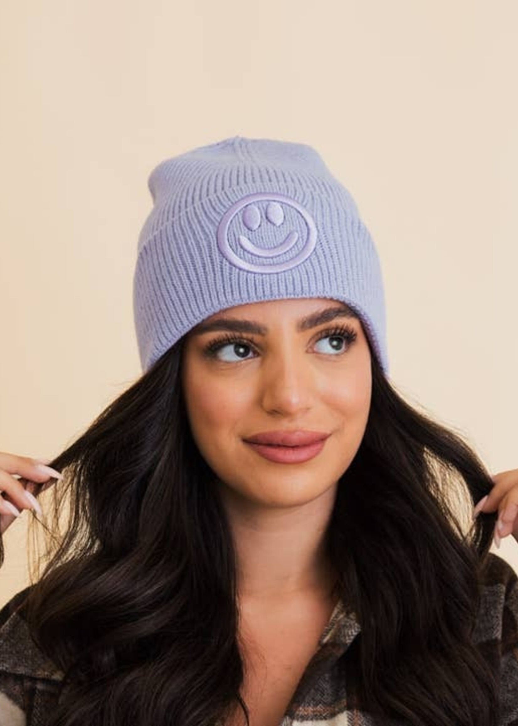 Leto Accessories Ribbed Knit Beanie Happy Face Embroidered