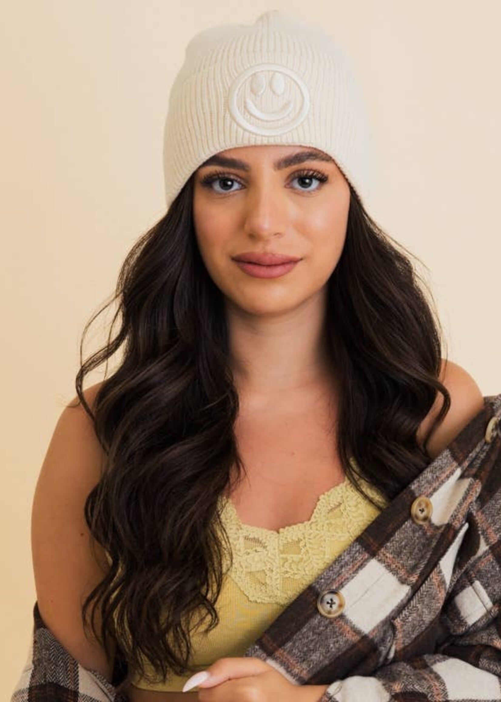 Leto Accessories Ribbed Knit Beanie Happy Face Embroidered
