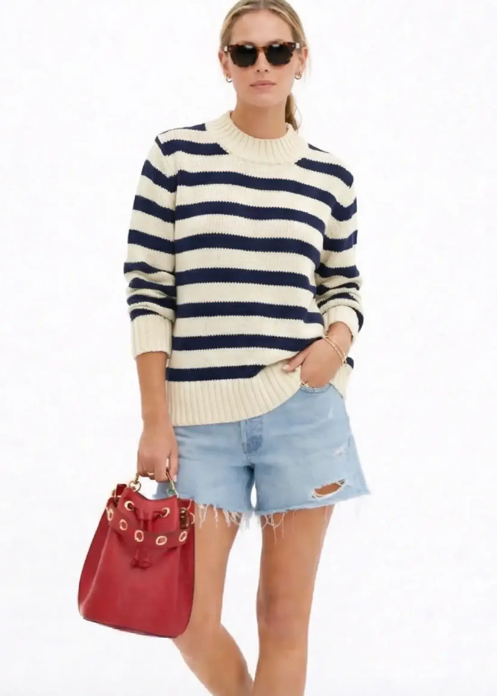 Pink Pineapple Lena Cotton Sweater in Mini Stripe Navy/White