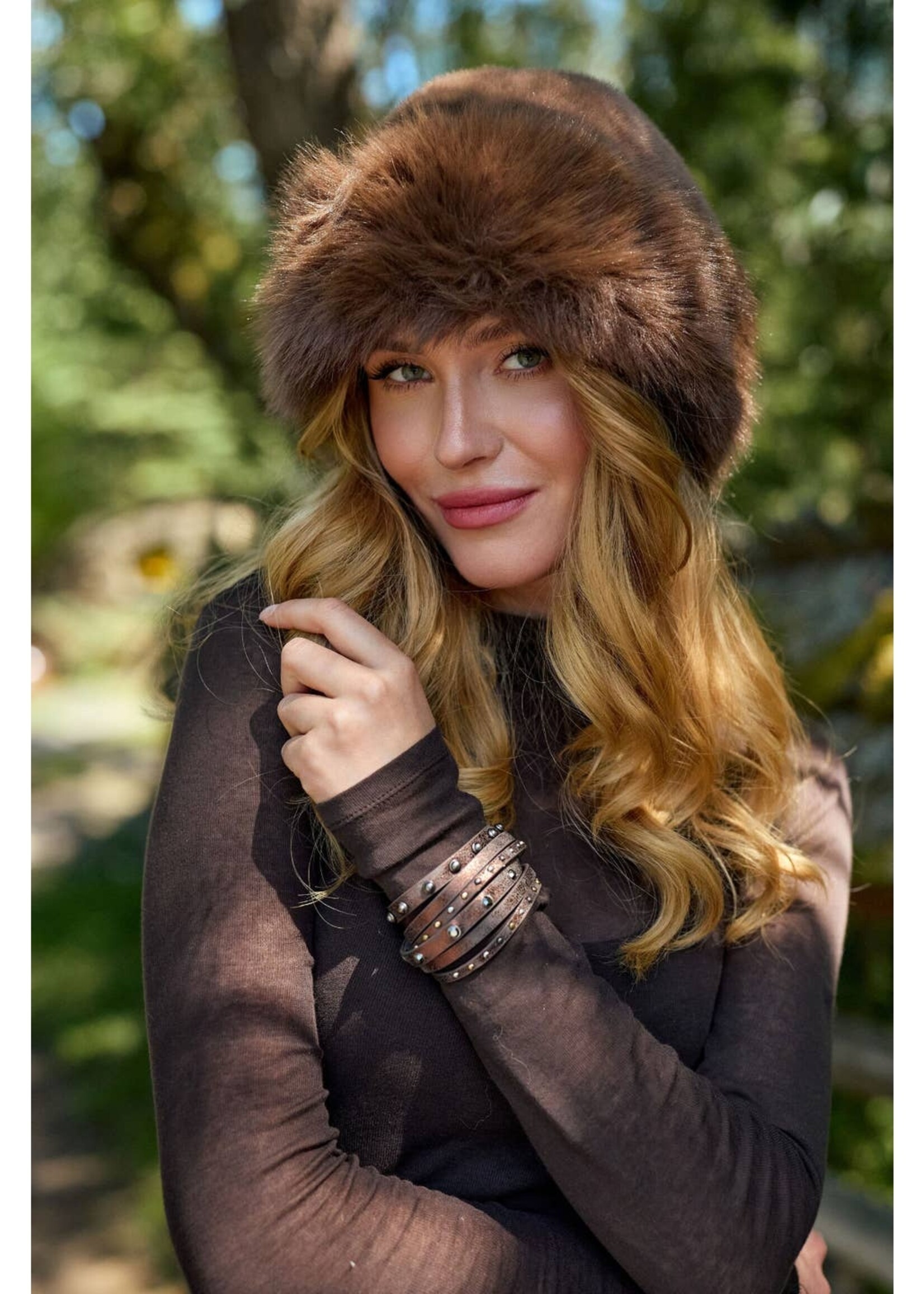 Saachi Faux Fur Plush Hat - Brown