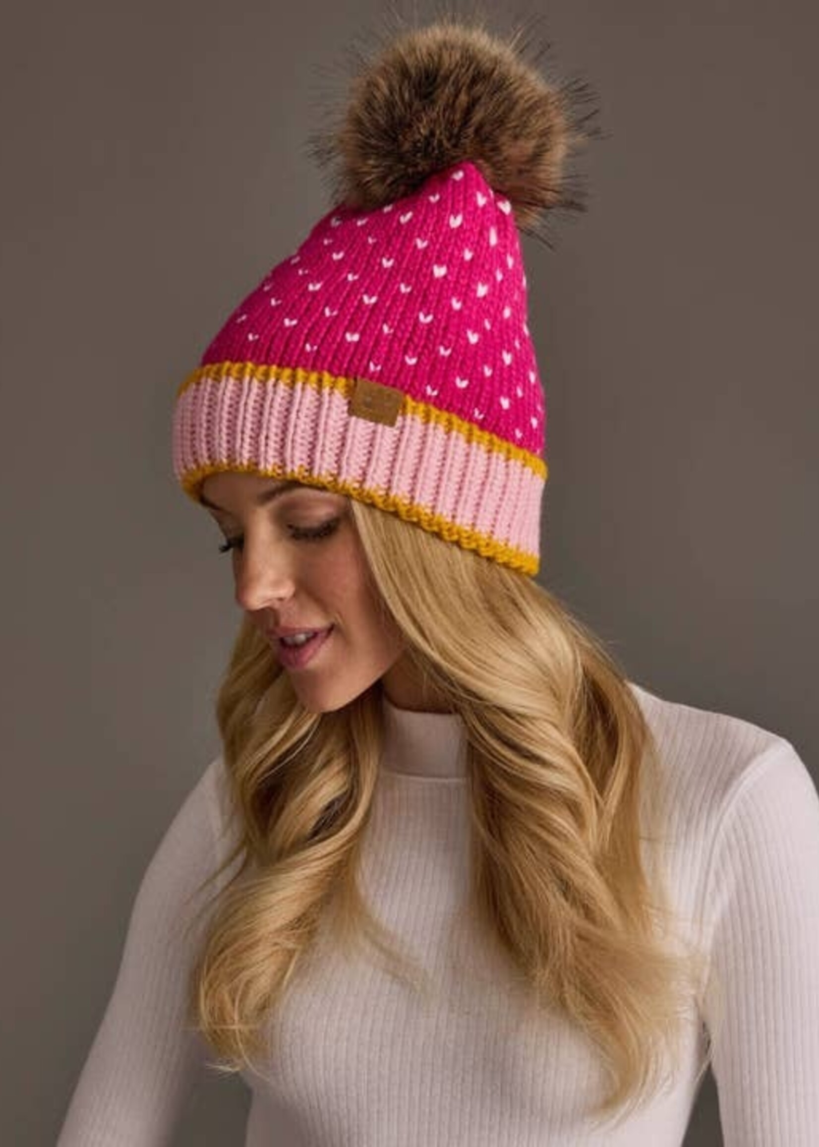 Panache Apparel Co. Pom Beanie Hearts Pink, White & Lt. Pink