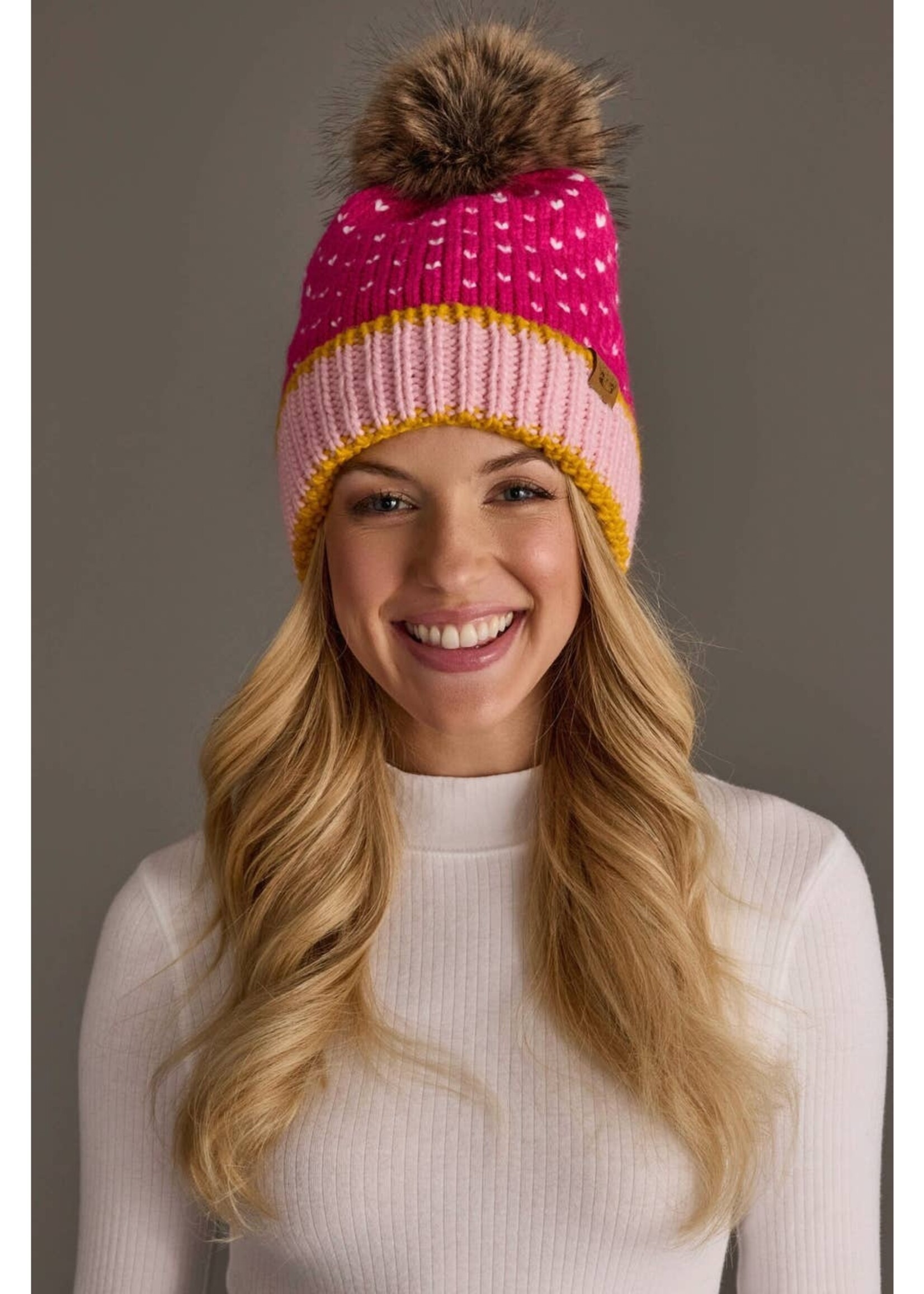 Panache Apparel Co. Pom Beanie Hearts Pink, White & Lt. Pink