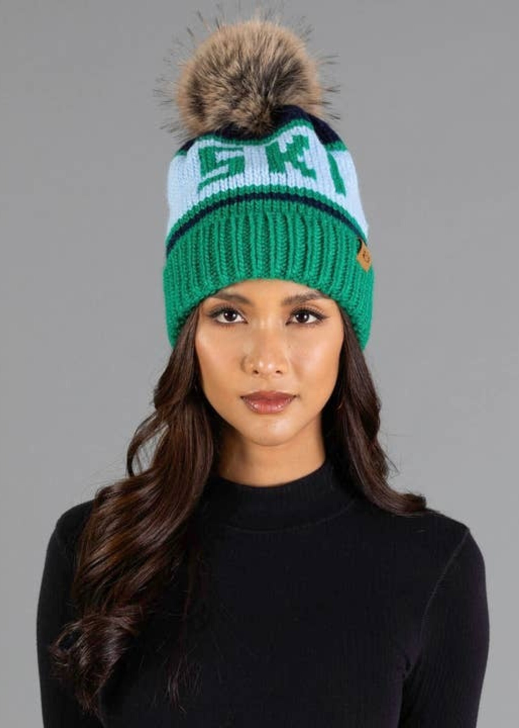 Panache Apparel Co. Pom Beanie Ski Green, Lt. Blue & Navy