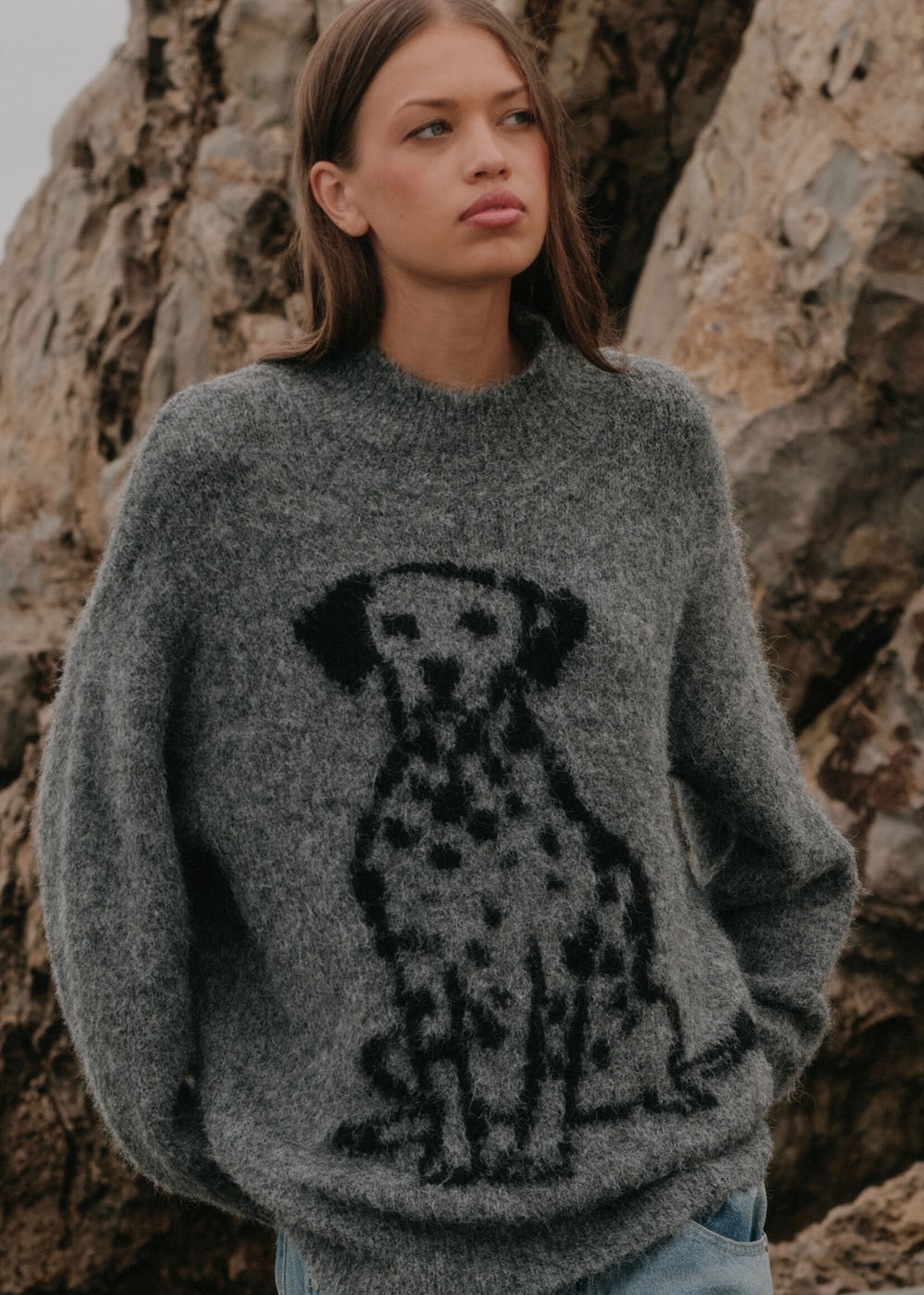 Promesa USA Dalmatian Fuzzy Jacquard-Knit Mock-Neck Sweater
