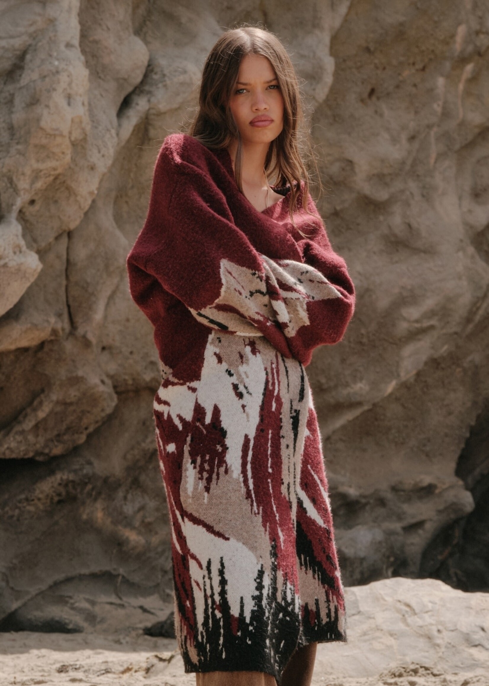 Promesa USA Mountain Landscape Jacquard-Knit Open-Front Duster Cardigan