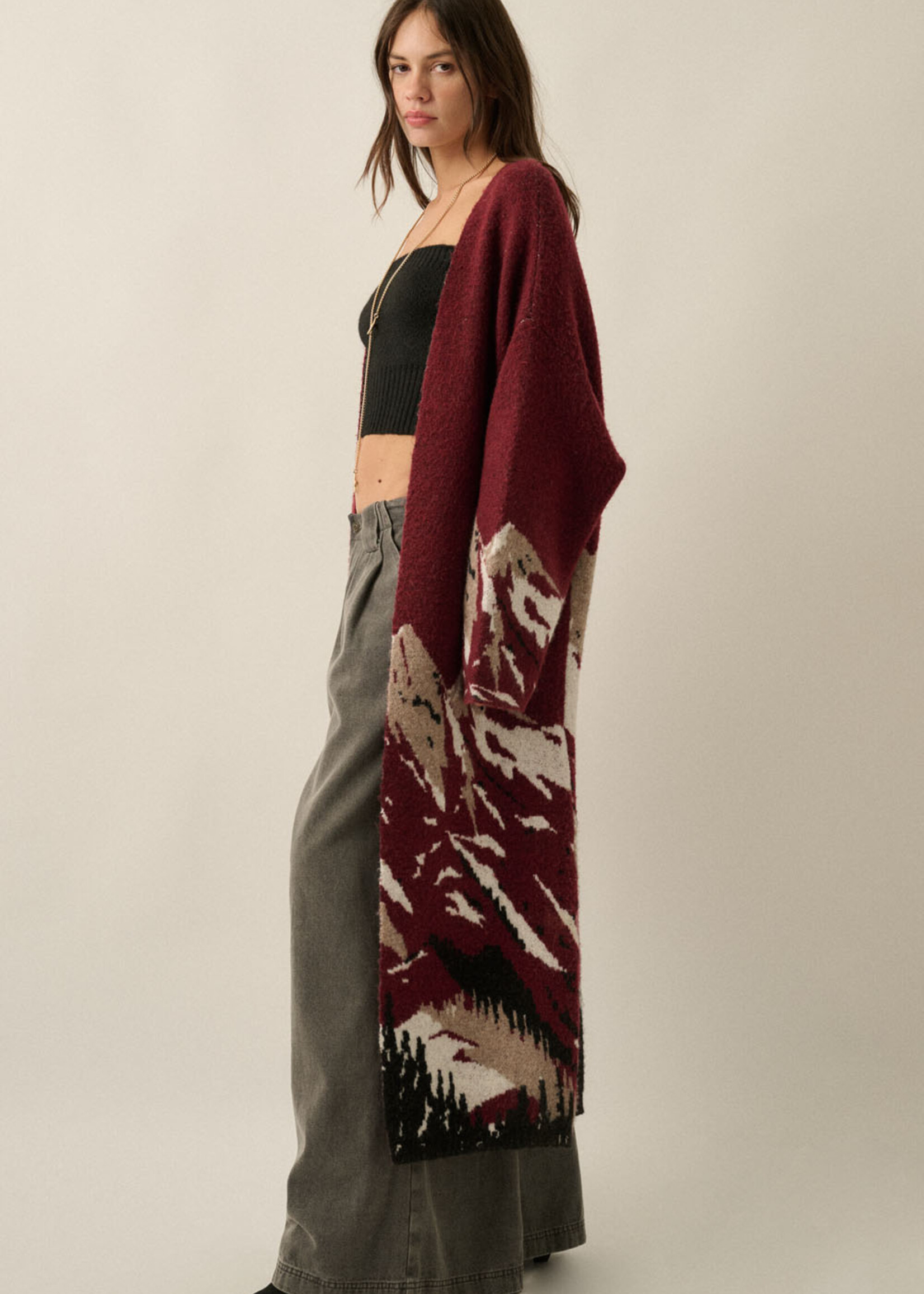 Promesa USA Mountain Landscape Jacquard-Knit Open-Front Duster Cardigan