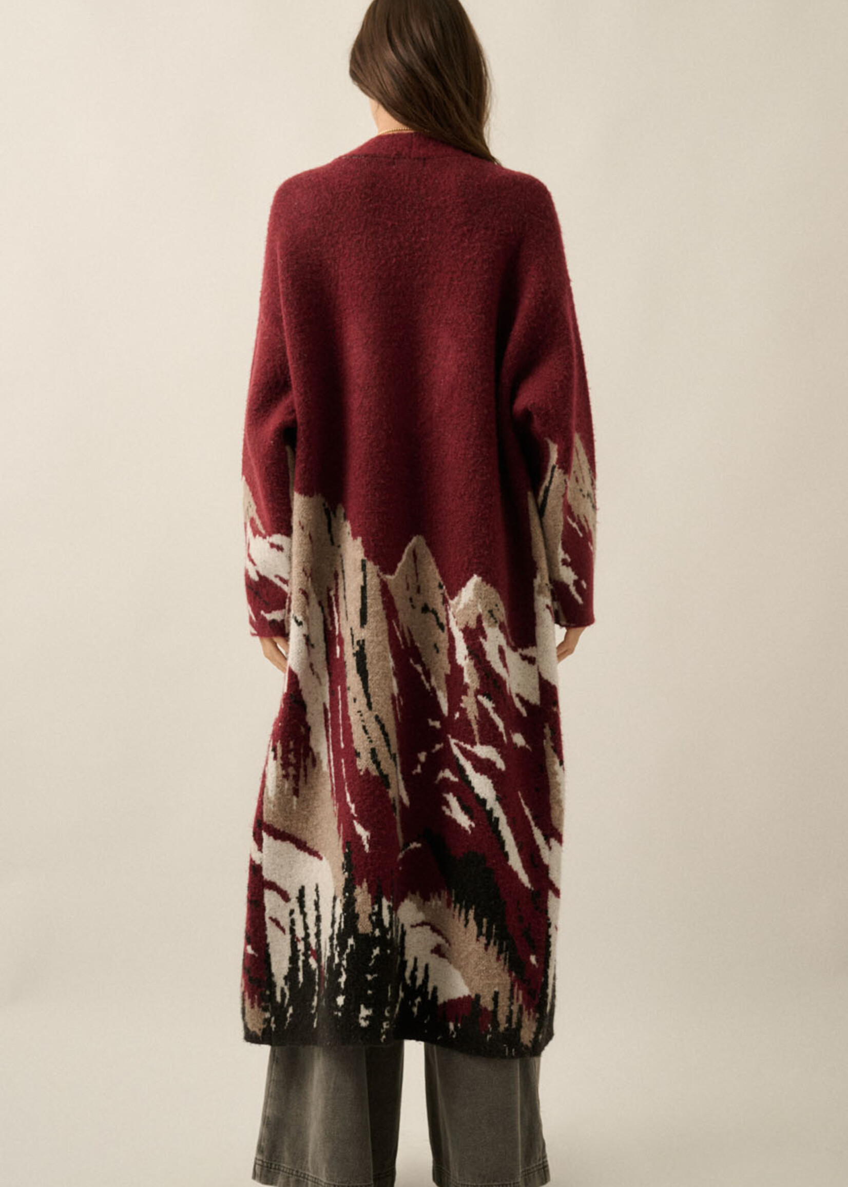 Promesa USA Mountain Landscape Jacquard-Knit Open-Front Duster Cardigan
