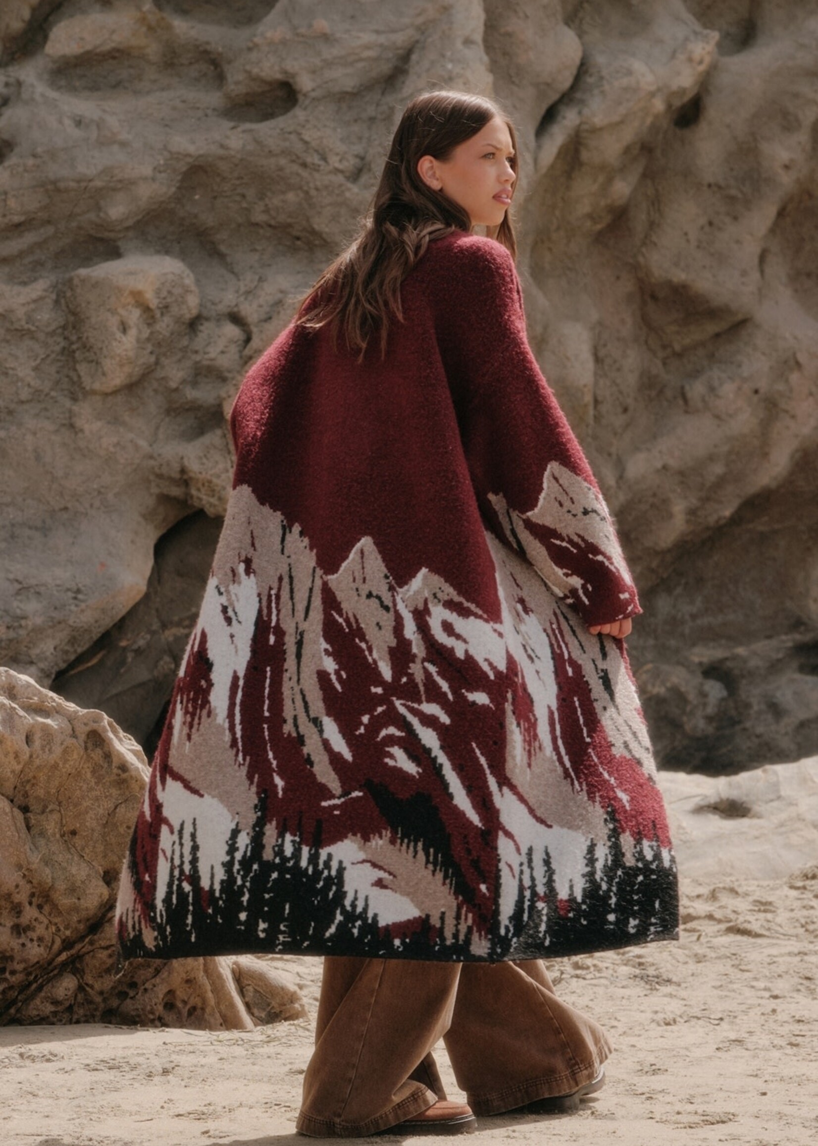 Promesa USA Mountain Landscape Jacquard-Knit Open-Front Duster Cardigan