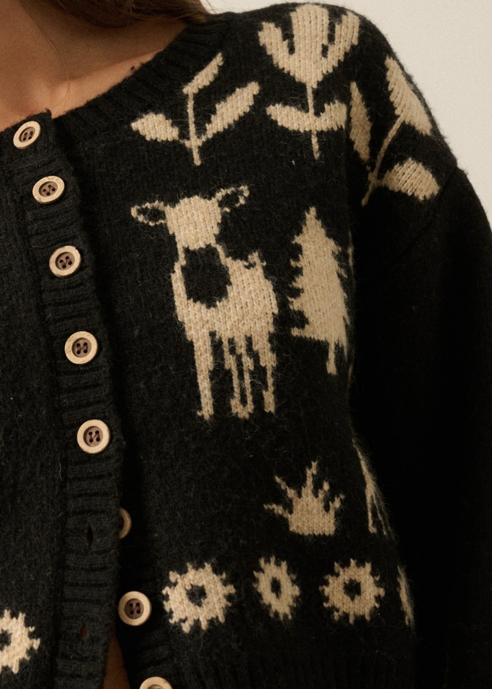 Promesa USA Forest Motif Knit Button-Front Cropped Cardigan Sweater