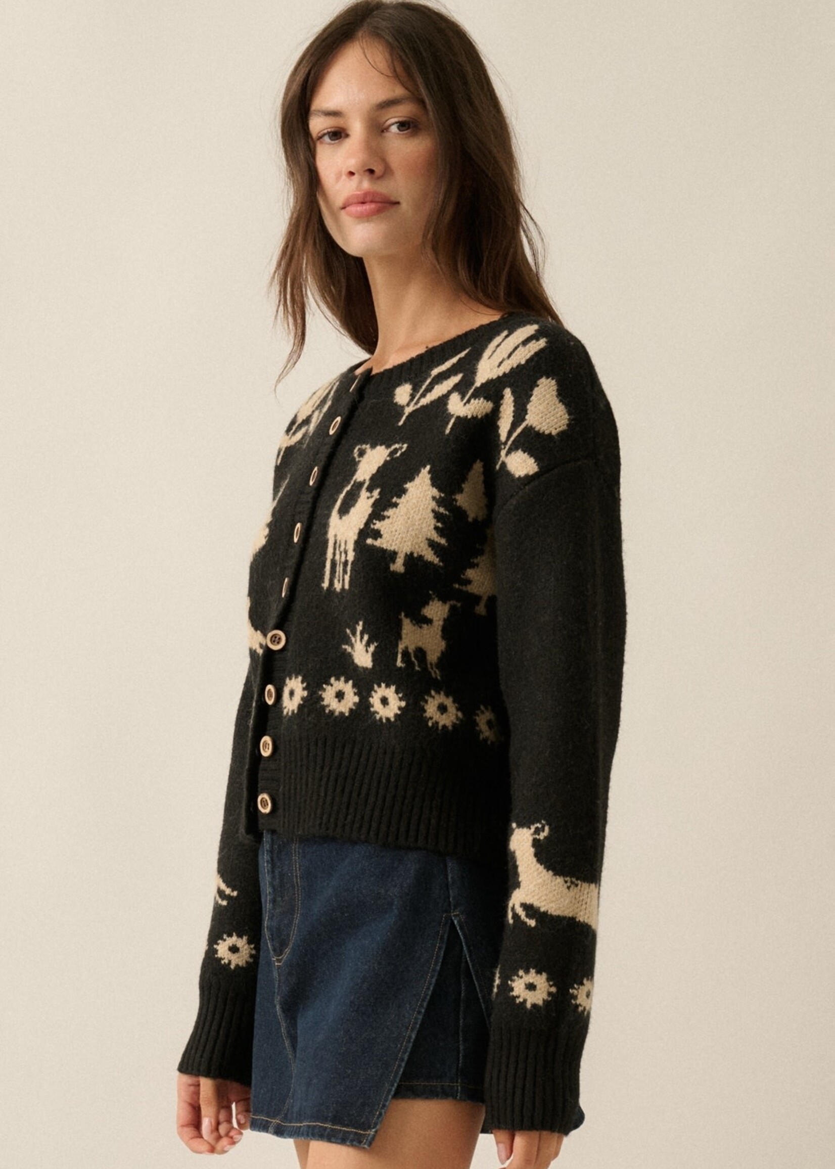 Promesa USA Forest Motif Knit Button-Front Cropped Cardigan Sweater